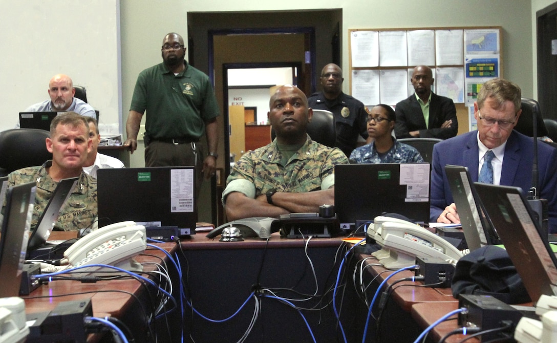 Marine Corps Logistics Base Albany officials are preparing to house recruits and permanent personnel from Marine Corps Recruit Depot Island, S.C., due to Hurricane Florence's potential landfall this week. MCLB Albany's Commanding Officer Col. Alphonso Trimble and MCRD Parris Island, Headquarters and Service Battalion, Commanding Officer Col. Sean Killeen are closely monitoring the events of the storm at MCLB Albany's Emergency Operations Center. (U.S. Marine Corps photo by Re-Essa Buckels).