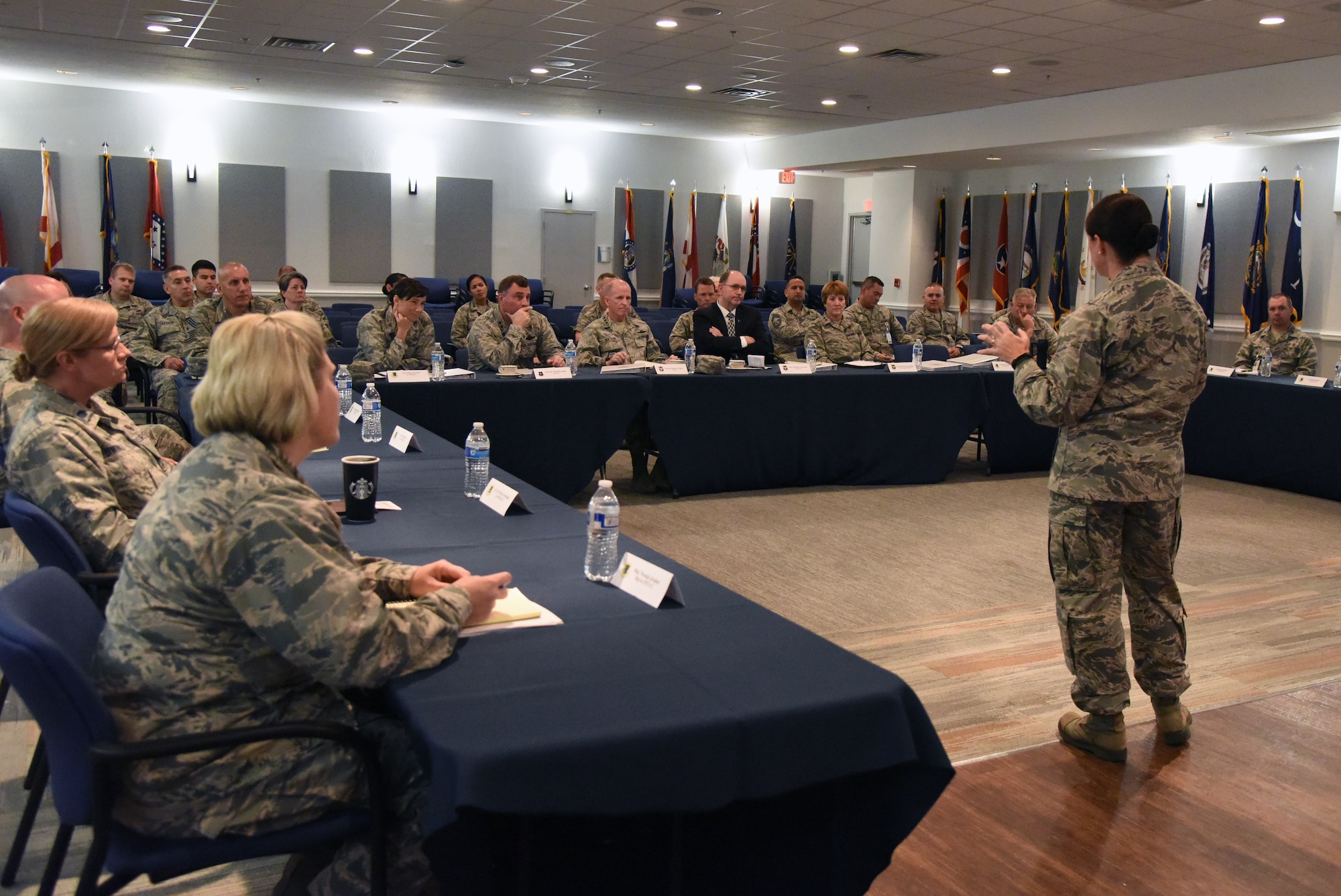 U.S. Air Force Col. Beatrice Dolihite, 81st Medical Group commander, delivers the 81st MDG mission brief to Gen. Stephen Wilson, Vice Chief of Staff of the Air Force; Matthew Donovan, Under Secretary of the Air Force; Lt. Gen. Dorothy Hogg, Air Force Surgeon General, and Keesler Leadership at the Keesler Medical Center auditorium at Keesler Air Force Base, Mississippi, Sept. 10, 2018. The purpose of the visit was to become more familiar with the 81st MDG's mission capabilities prior to Keesler Medical Center's transition to the Defense Health Agency. (U.S. Air Force photo by Kemberly Groue)