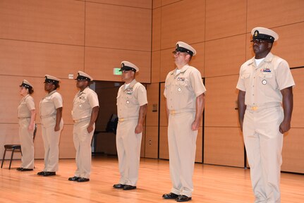 After six weeks of training, Navy Recruiting District San Antonio welcomed six new chief petty officers in the Chief’s Mess during a pinning ceremony held on the campus of the University of the Incarnate Word.  From left are Erica Saiz, Elbony Harris, Jaewlaye Sherman, Sambath Ham, Marshall Baker, and Titus Jones Jr.