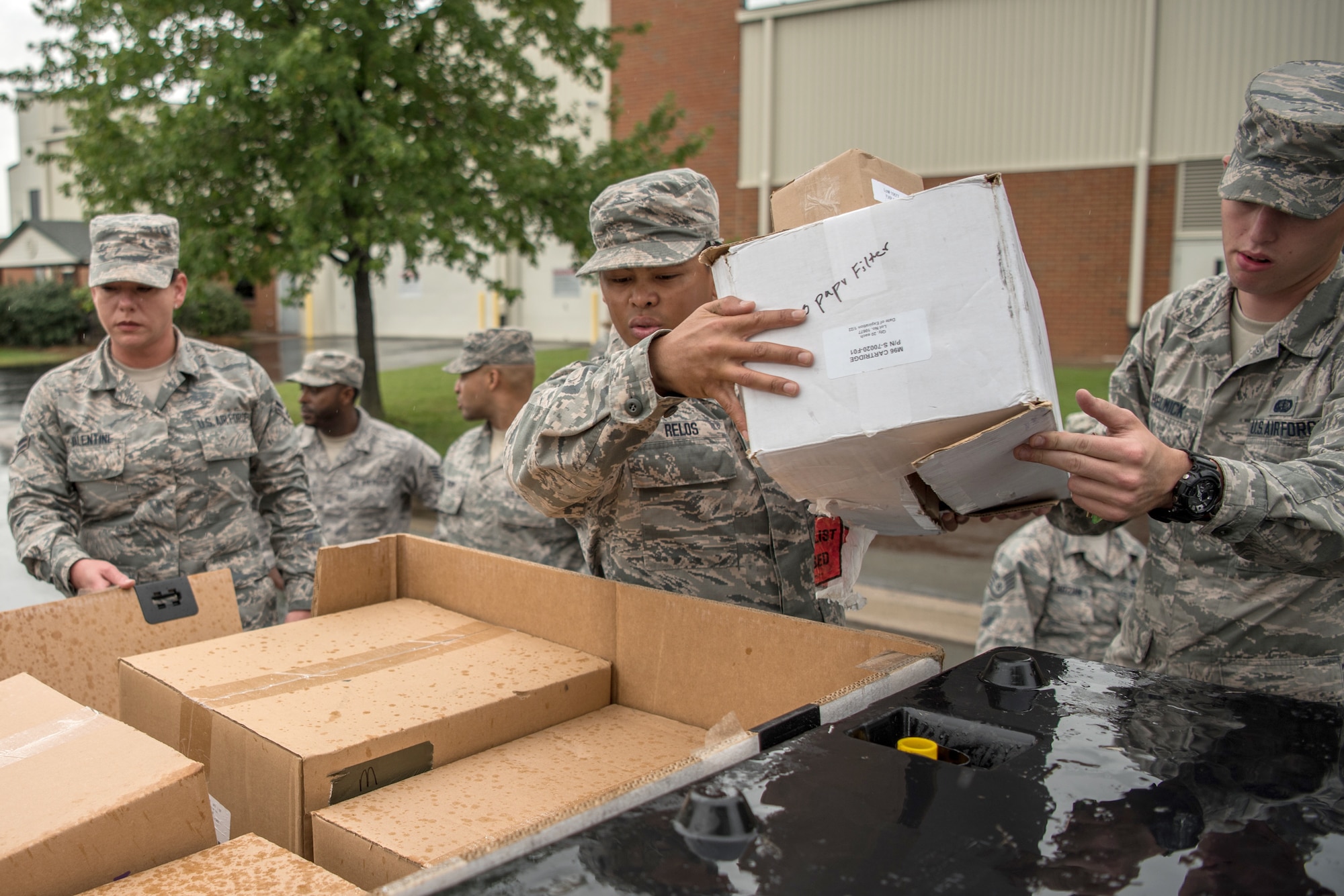 Members of the 123rd Airlift Wing’s Fatality Search and Recovery Team pack equipment at the Kentucky Air National Guard Base in Louisville, Ky., Sept. 17, 2018, prior to deploying to North Carolina to support operations in the wake of Hurricane Florence. The team, which specializes in the dignified recovery of deceased personnel, will assist the North Carolina medical examiner’s office at the request of local health officials.