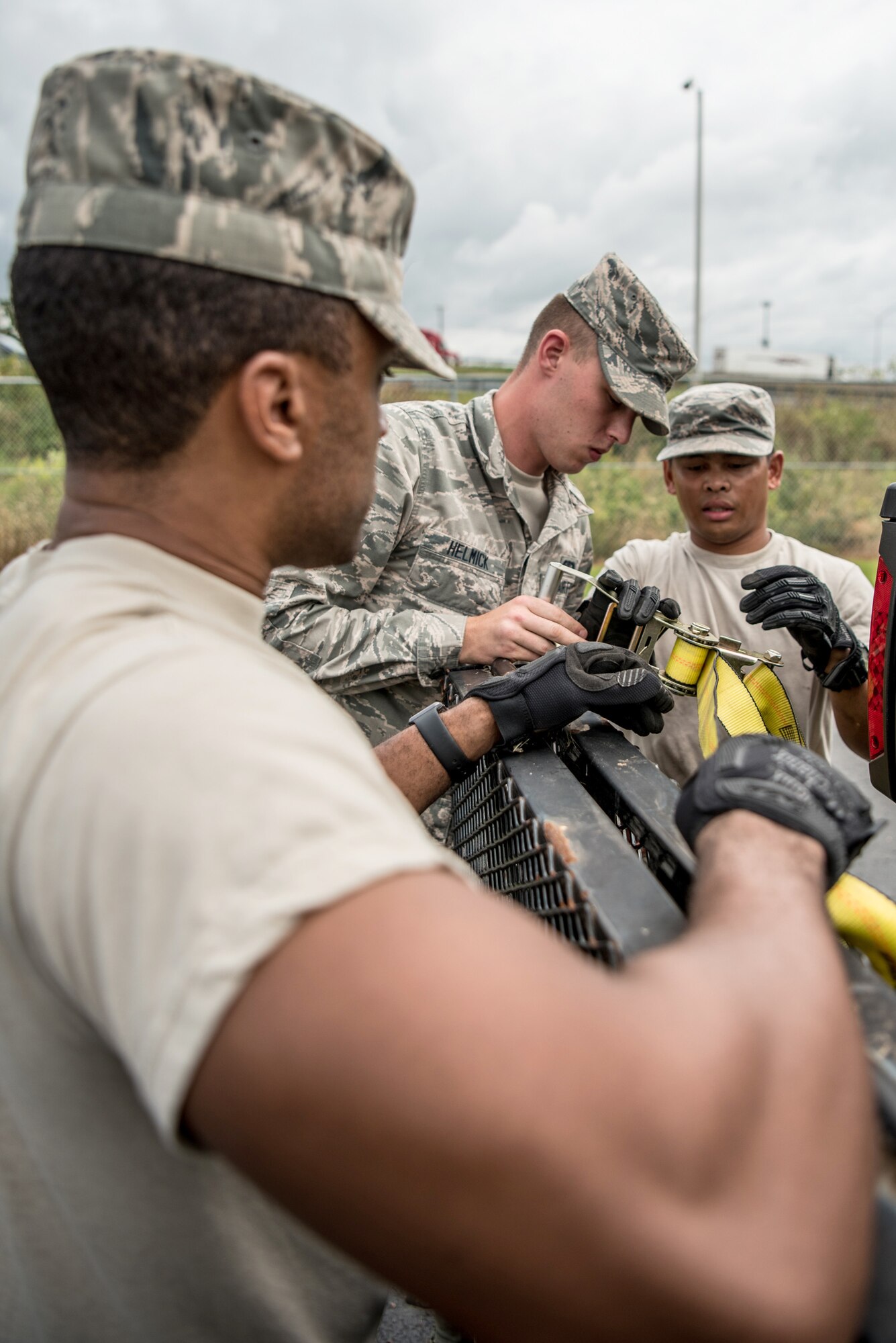 Members of the 123rd Airlift Wing’s Fatality Search and Recovery Team strap down equipment at the Kentucky Air National Guard Base in Louisville, Ky., Sept. 17, 2018, prior to deploying to North Carolina to support operations in the wake of Hurricane Florence. The team, which specializes in the dignified recovery of deceased personnel, will assist the North Carolina medical examiner’s office at the request of local health officials.