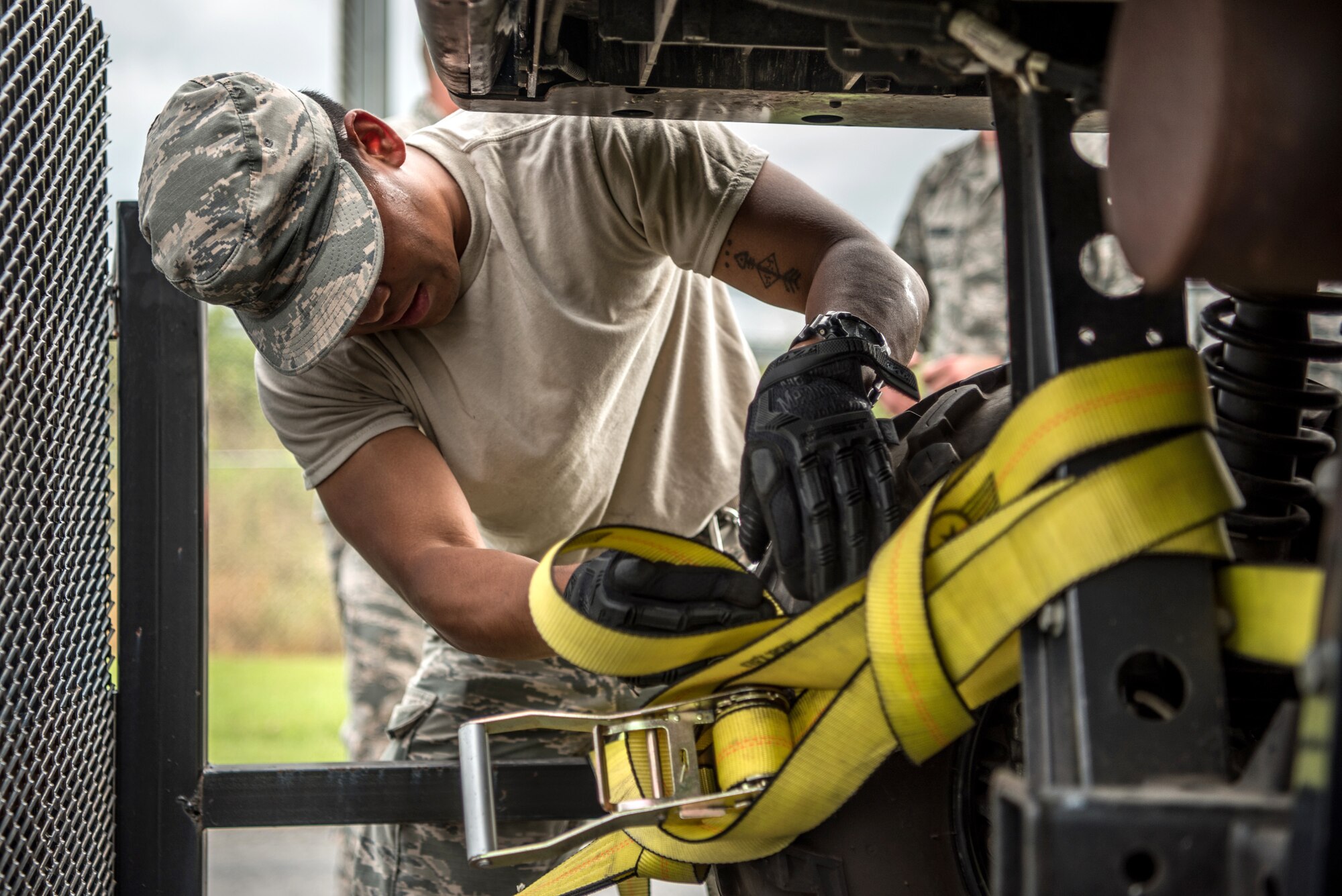 Members of the 123rd Airlift Wing’s Fatality Search and Recovery Team strap down equipment at the Kentucky Air National Guard Base in Louisville, Ky., Sept. 17, 2018, prior to deploying to North Carolina to support operations in the wake of Hurricane Florence. The team, which specializes in the dignified recovery of deceased personnel, will assist the North Carolina medical examiner’s office at the request of local health officials.