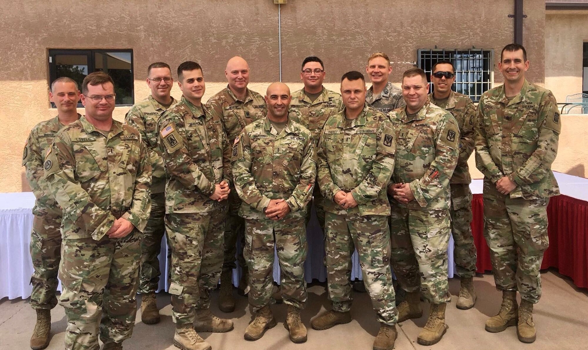 Capt. Jason Allenton, back row third from right, assigned to the 225th Air Defense Squadron, graduates with 11 Army officers from Air Defense Artillery Fire Control Officers (ADAFCO), Kirkland Air Force Base, New Mexico, July 27, 2018.   Experience gained at the ADAFCO course assists the Western Air Defense Sector in mission planning, execution and coordination of Army assets as part of Operation Noble Eagle. (Courtesy photo by Capt. Jason Allenton)