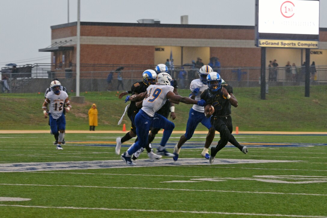The Angelo State University play against Texas A&M Kingsville during the Military Appreciation Day at the LeGrand stadium, in San Angelo, Texas, Sept. 15, 2018. The Rams won with a final score of 30-14. (U.S. Air Force photo by Airman 1st Class Zachary Chapman/Released)