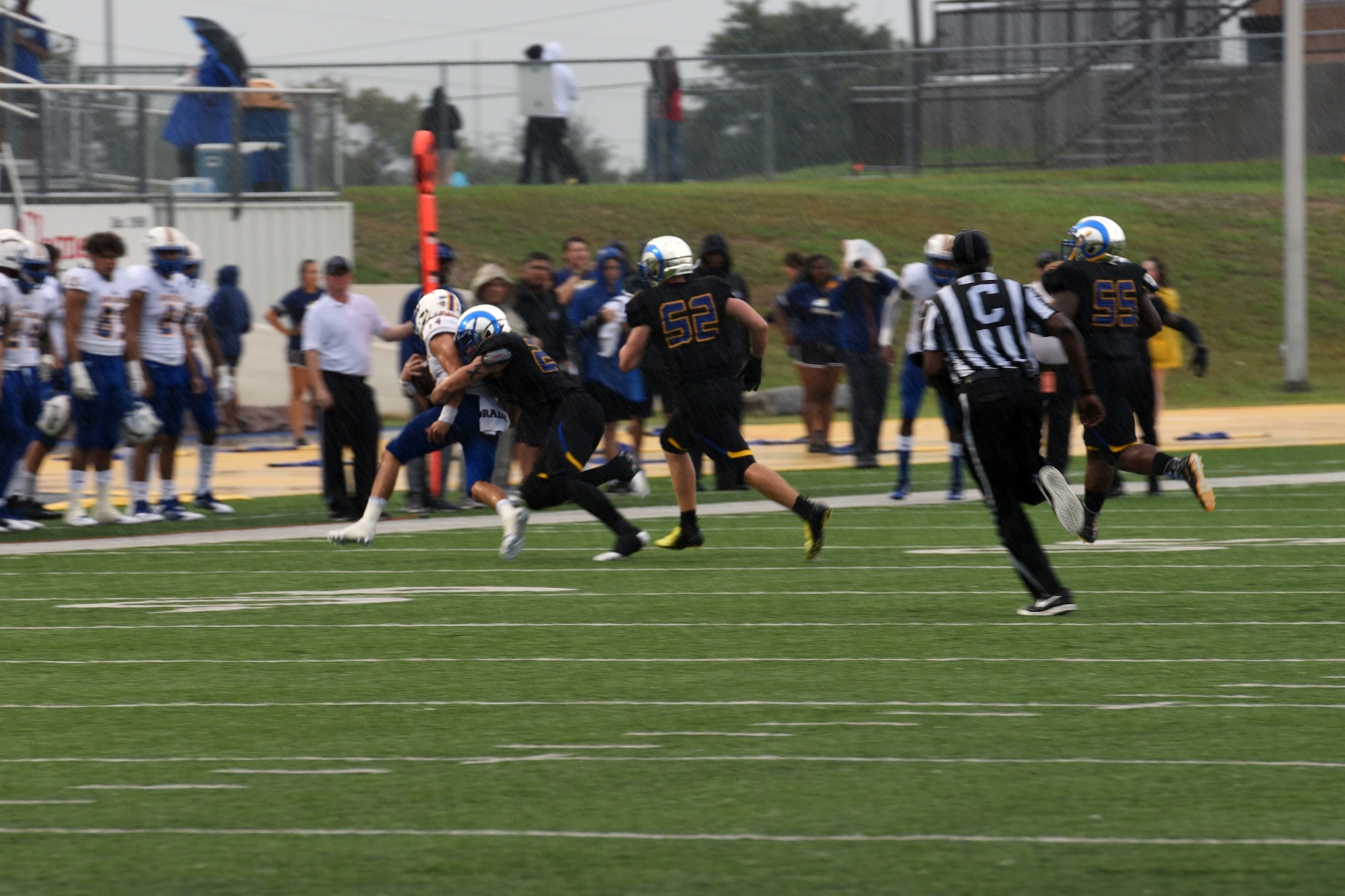 The Angelo State University play against Texas A&M Kingsville during the Military Appreciation Day at the LeGrand stadium, in San Angelo, Texas, Sept. 15, 2018. The Rams won with a final score of 30-14. (U.S. Air Force photo by Airman 1st Class Zachary Chapman/Released)