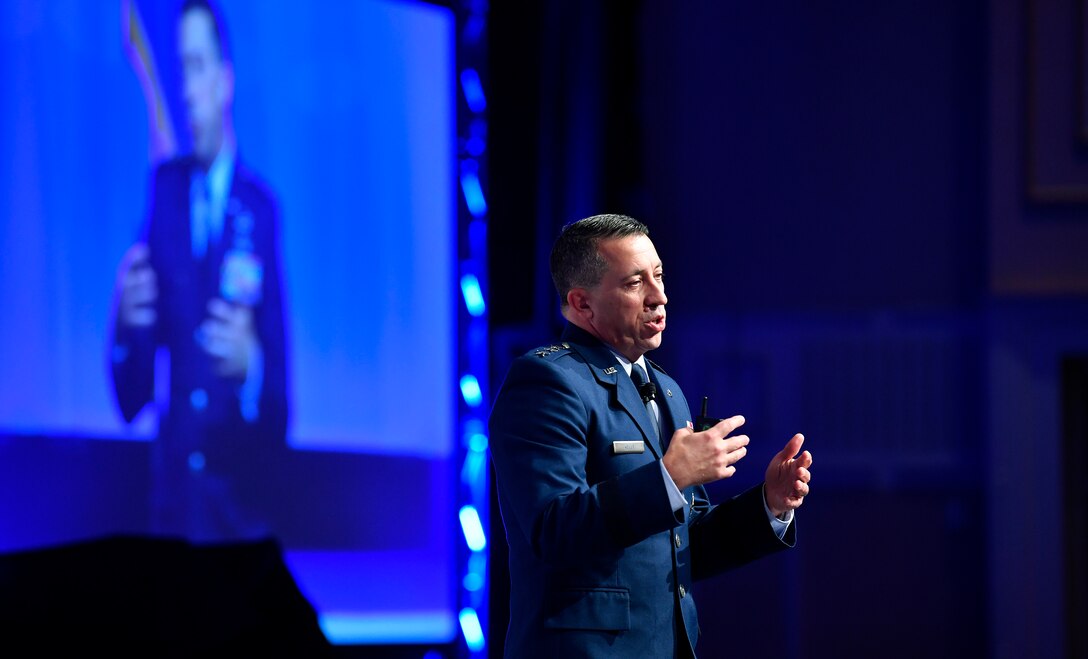 Lt. Gen. Brian Kelly, Deputy Chief of Staff for Manpower, Personnel and Services, gives an Air Force personnel update during the Air Force Association's Air, Space and Cyber Conference in National Harbor, Md., Sept. 17, 2018. The Air, Space and Cyber Conference is a professional development conference that offers an opportunity for Department of Defense personnel to participate in forums, speeches, seminars and workshops. (U.S. Air Force photo by Wayne Clark)