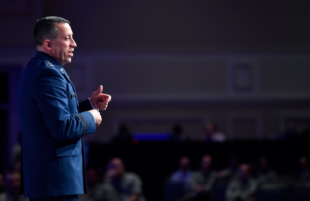 Lt. Gen. Brian Kelly, Deputy Chief of Staff for Manpower, Personnel and Services, gives an Air Force personnel update during the Air Force Association's Air, Space and Cyber Conference in National Harbor, Md., Sept. 17, 2018. The Air, Space and Cyber Conference is a professional development conference that offers an opportunity for Department of Defense personnel to participate in forums, speeches, seminars and workshops. (U.S. Air Force photo by Wayne Clark)