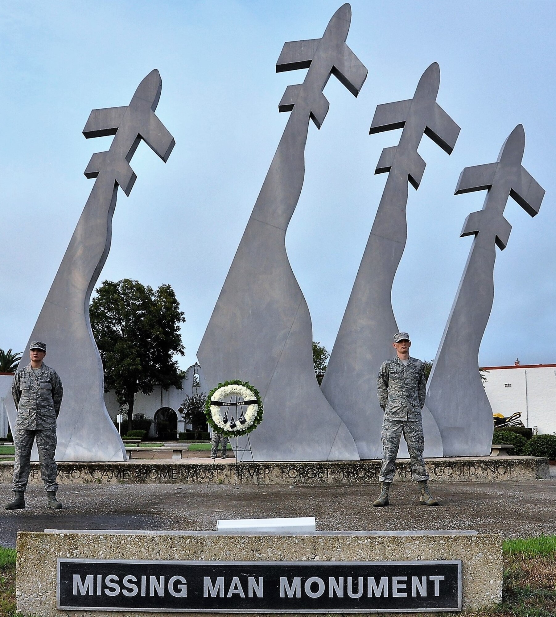 Master Sgt. Melissa Erwin, 340th Flying Training Group (left) and Tech. Sgt. William Hammonds, Air Force Manpower Analysis Agency, stand vigil at the Missing Man Monument Sept. 17 during POW/MIA Recognition Week observances at Joint Base San Antonio-Randolph, Texas on. (U.S. Air Force photo by Janis El Shabazz)