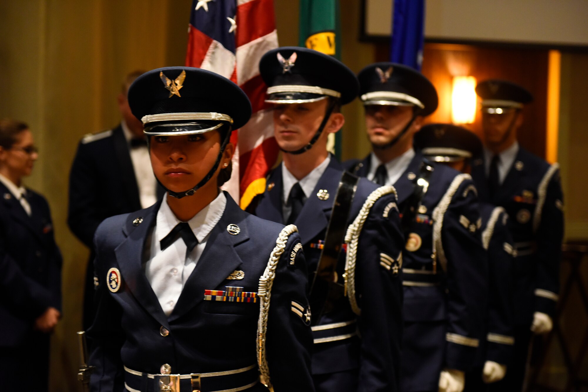 The Fairchild Base Honor Guard prepares to present the colors at Fairchild's Air Force Ball at Northern Quest Resort and Casino in Airway Heights, Washington, Sept. 15, 2018. The Air Force Ball is an annual held throughout the entire Air Force to honor the day the Air Force became a separate branch of service. (U.S. Air Force photo/Airman 1st Class Lawrence Sena)