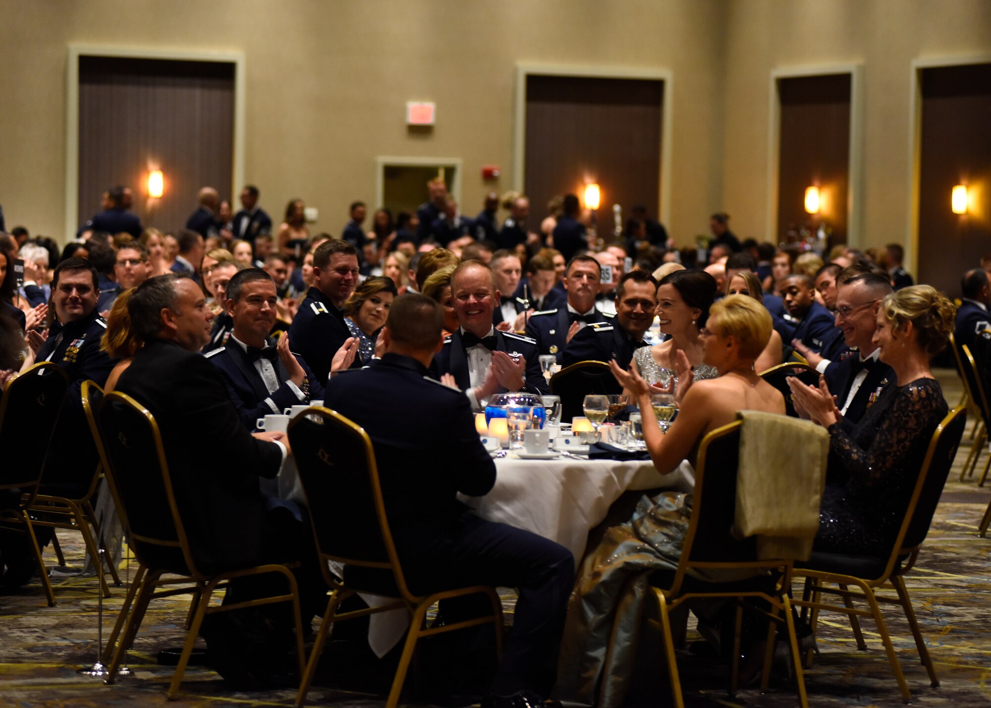 Col. Derek Salmi, 92nd Air Refueling Wing commander, mingling with fellow guests of honor at Fairchild's Air Force Ball at Northern Quest Resort and Casino in Airway Heights, Washington, Sept. 15, 2018. Brig. Gen. Paul Tibbets, Global Strike Command deputy commander, was a guest of honor and a guest speaker for the ball. (U.S. Air Force photo/Airman 1st Class Lawrence Sena)