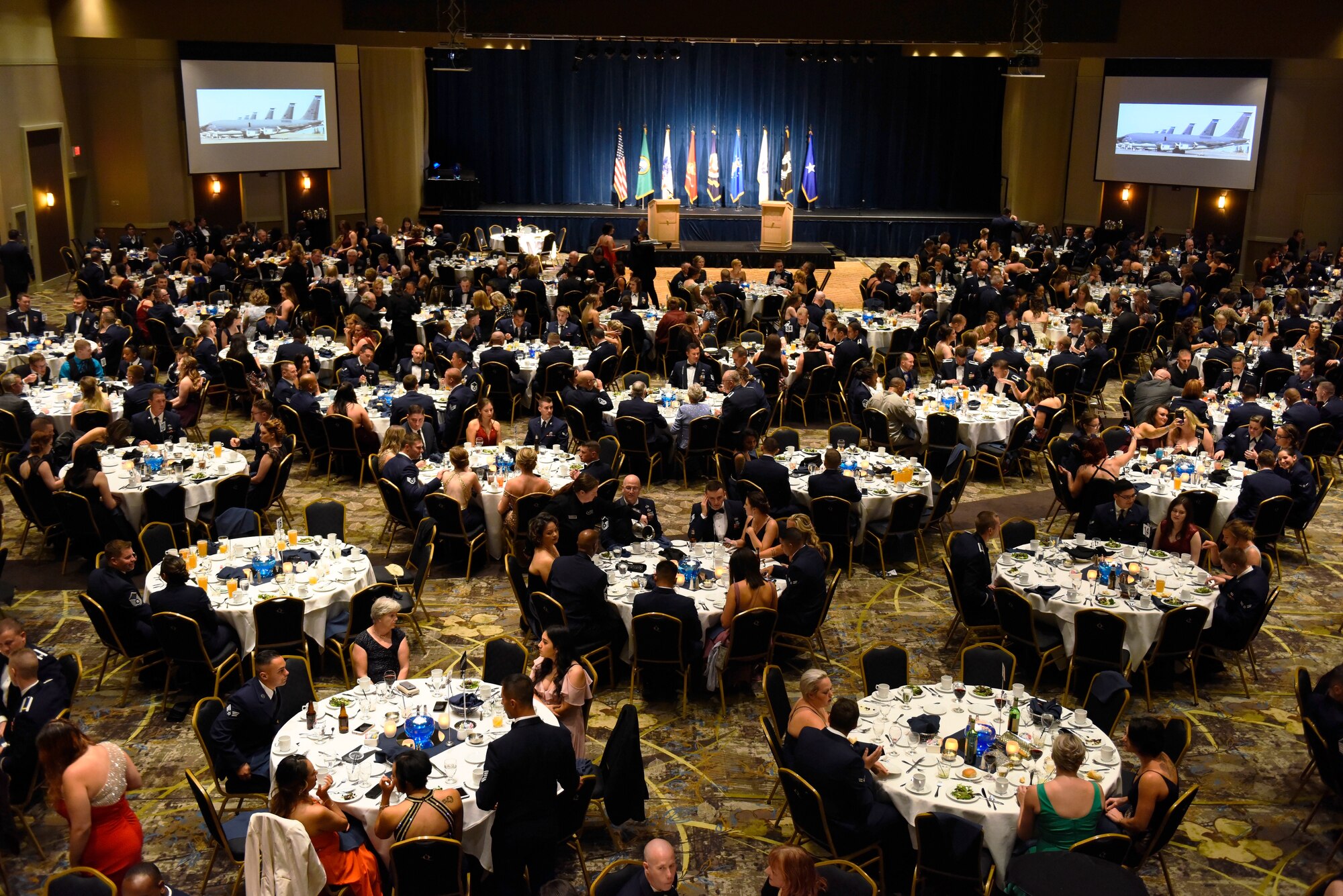 Military and civilian attendees gather to celebrate Fairchild's Air Force Ball at Northern Quest Resort and Casino in Airway Heights, Washington, Sept. 15, 2018.  The ball commemorated the 71st birthday of the Air Force, as well as the 60th anniversary of the first KC-135 Stratotanker at Fairchild. (U.S. Air Force photo/Airman 1st Class Lawrence Sena)