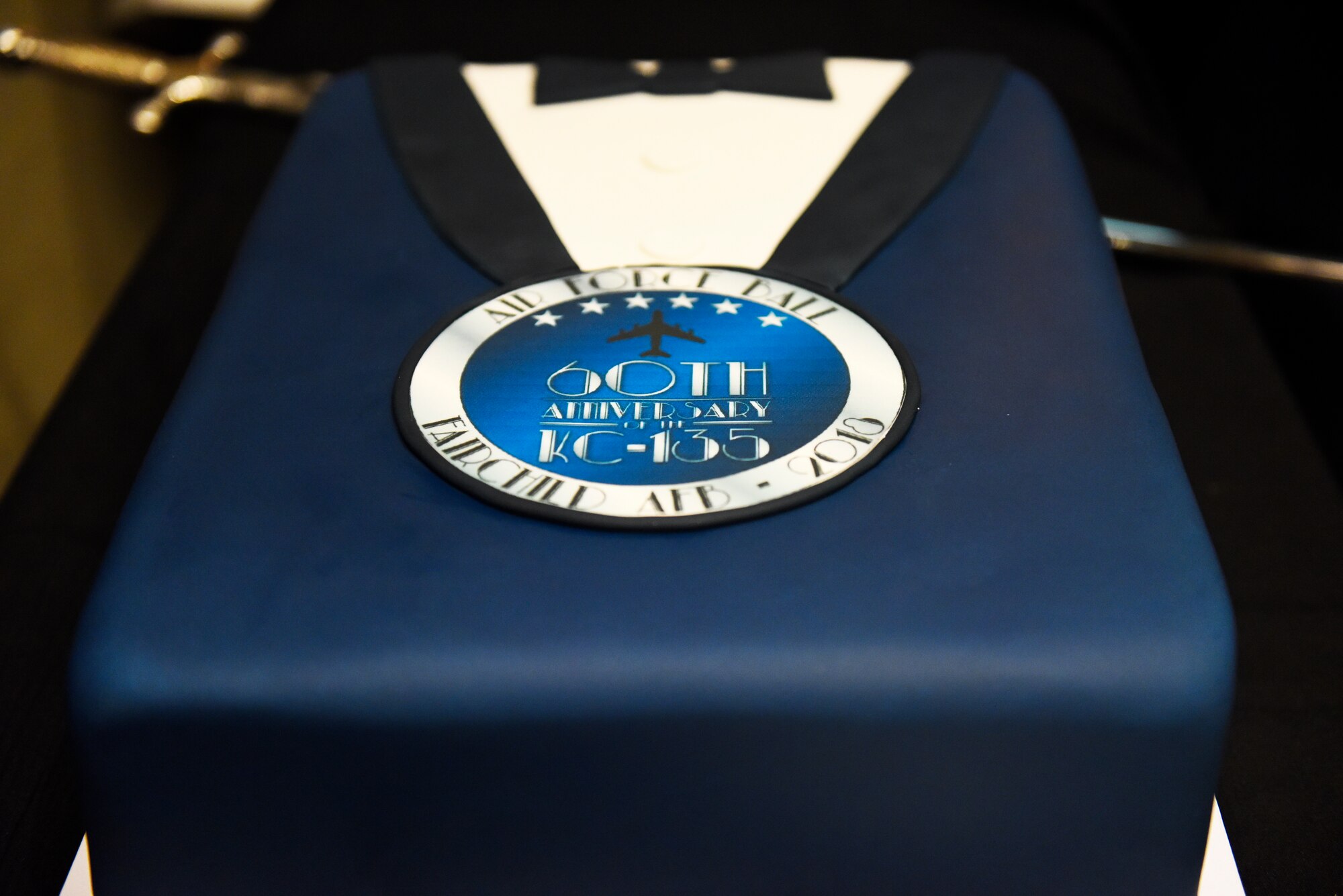 A cake reflecting the KC-135's 60th anniversary waits for the ceremonial cake cutting at Fairchild's Air Force Ball at Northern Quest Resort and Casino in Airway Heights, Washington, Sept. 15, 2018. Ceremonial cake cutting is a tradition where the youngest Airman cuts the cake and serves a piece to the oldest Airman in attendance. (U.S. Air Force photo/Airman 1st Class Lawrence Sena)