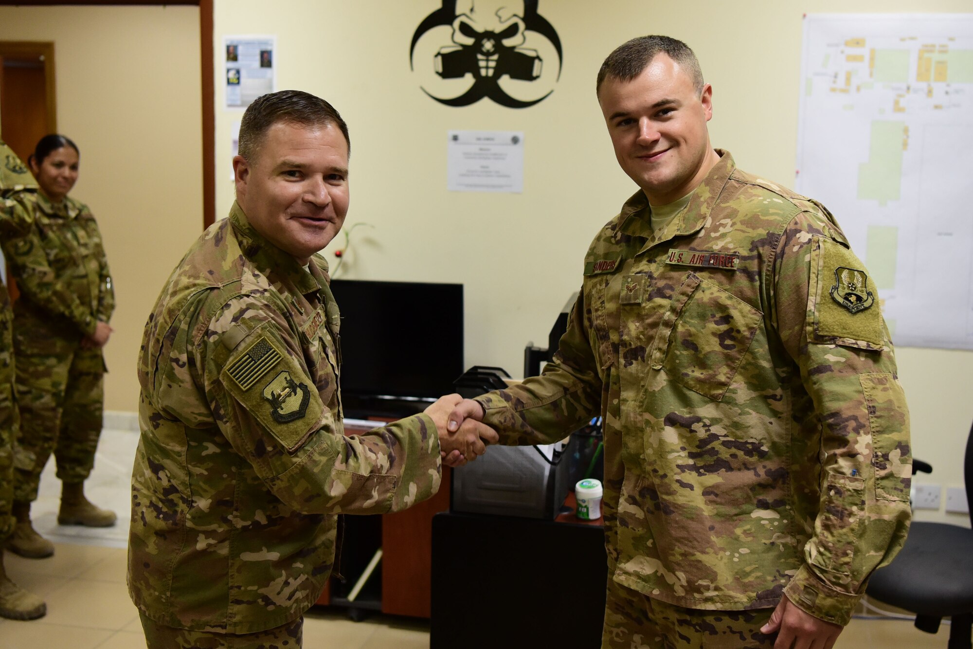 U.S. Air Force Senior Airman Adam Sanders, 386th Expeditionary Medical Group Bioenvironmental program manager, was recognized as a Rock Solid Warrior in Aug. 2018. The Rock Solid Warrior program recognizes Airmen across the wing for their contribution to the mission. (U.S. Air Force photo by Staff Sgt. Christopher Stoltz)