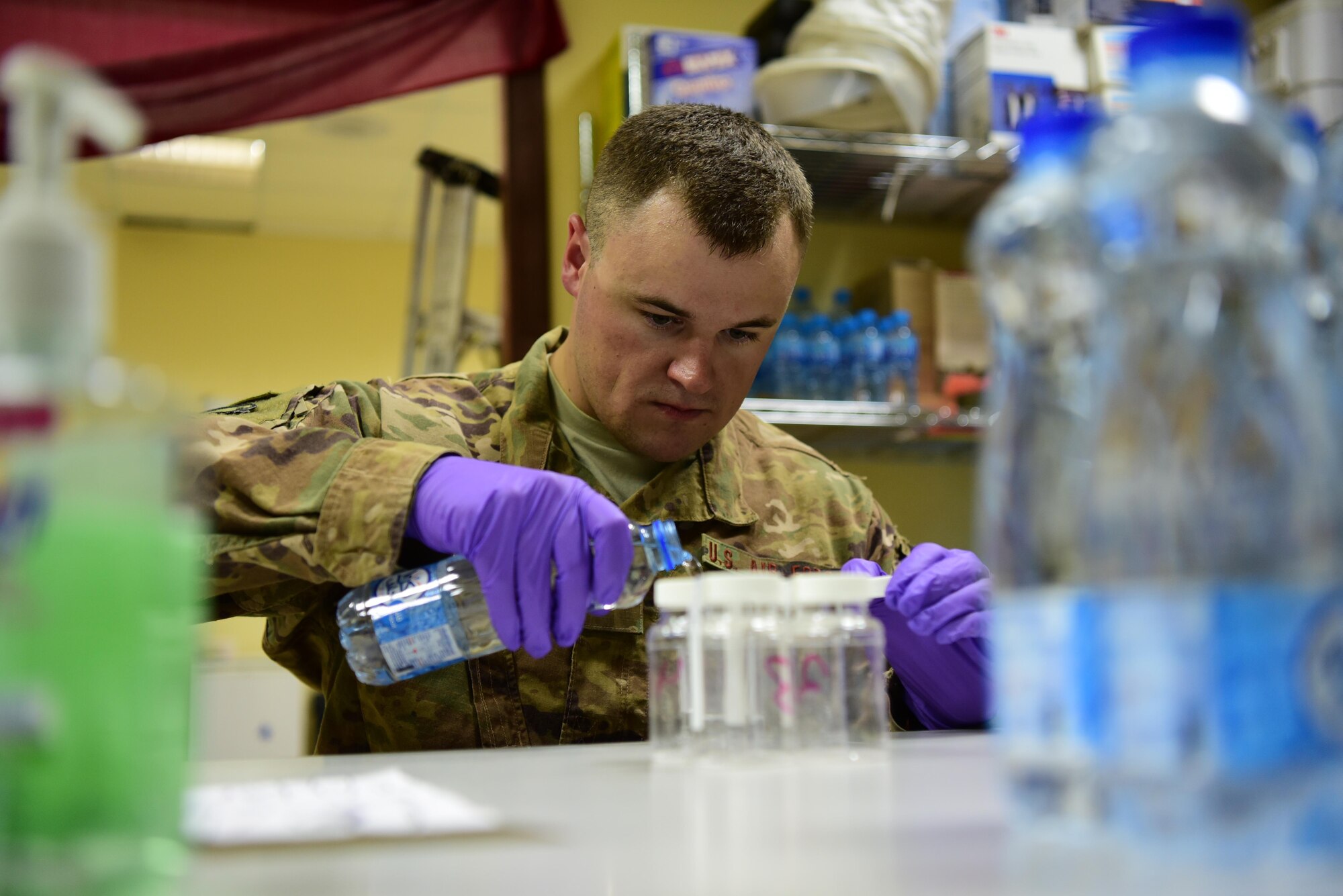 U.S. Air Force Senior Airman Adam Sanders, 386th Expeditionary Medical Group Bioenvironmental program manager, was recognized as a Rock Solid Warrior in Aug. 2018. The Rock Solid Warrior program recognizes Airmen across the wing for their contribution to the mission. (U.S. Air Force photo by Staff Sgt. Christopher Stoltz)