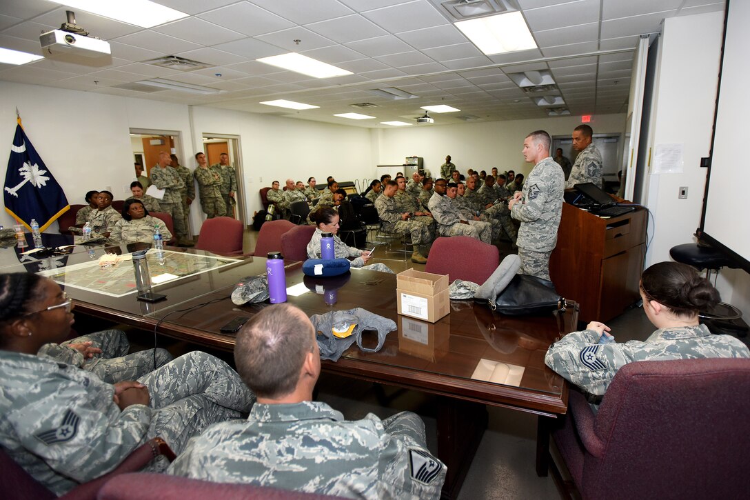 Airmen receive a mission and safety brief before deploying from McEntire Joint National Guard Base.