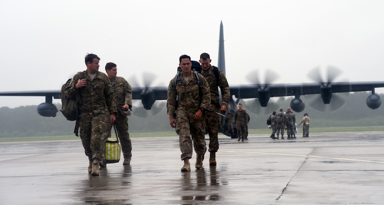 Airmen and equipment from the 334th Air Expeditionary Group arrived at Joint Base Charleston aboard HC-130J Combat King II aircraft and HH-60G Pave Hawk helicopters from Moody Air Force Base, Georgia, Sept. 15, 2018. The 344th AEG are being pre-positioned to provide search-and-rescue relief in the wake of Tropical Storm Florence. The 334th AEG is an Air Force expeditionary search-and-rescue unit comprised of 23d Wing (Moody AFB, Ga.) and the Air Force Reserve's 920th Rescue Wing (Patrick AFB, Florida) personnel and assets ready to perform surface, fixed wing and rotary SAR operations when needed. (U.S. Air Force Photo by Technical Sgt. Kelly Goonan)