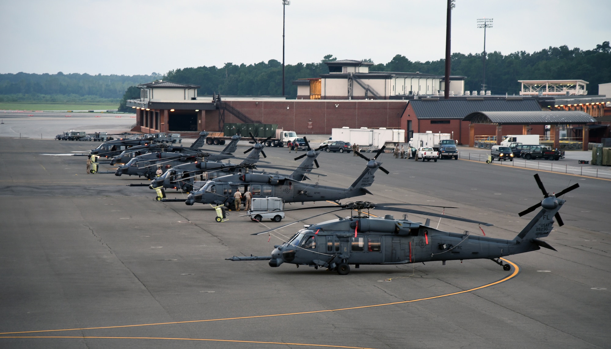 HH-60 Pave Hawk helicopter aircrew Airmen with the 334th Air Expeditionary Group, sit alert on the Joint Base Charleston, S.C.flightline Sept. 16, 2018. The 334th AEG is comprised of Airmen and assets from the 920th Rescue Wing (Patrick Air Force Base, Florida) and the 23d Wing (Moody Air Force Base, Georgia) which stand ready to provide search-and-rescue relief efforts in South Carolina to execute search and rescue operations for those who may be impacted by Hurricane Florence. (U.S. Air Force photo/Tech. Sgt. Kelly Goonan)