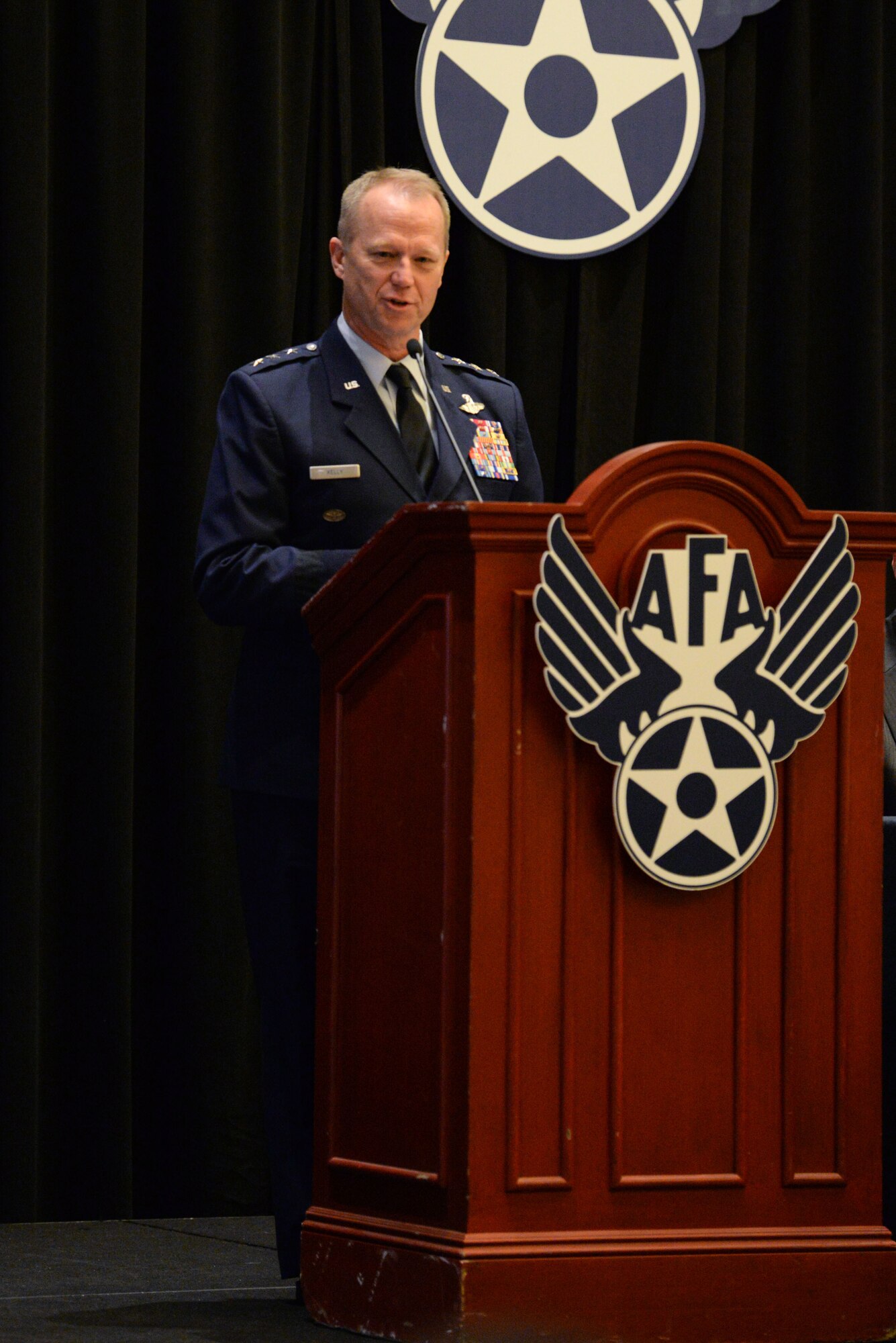 Lt. Gen. Mark D. Kelly, Air Force deputy chief of staff or operations, delivers his speech on “The Force We Present” during the Air Force Association’s Air, Space and Cyber Conference Sept. 17, 2018, in National Harbor, Md. The Air, Space and Cyber Conference is a professional development conference that offers an opportunity for Department of Defense personnel to participate in forums, speeches, seminars and workshops. (U.S. Air Force photo by Airman 1st Class Zoe M. Wockenfuss)