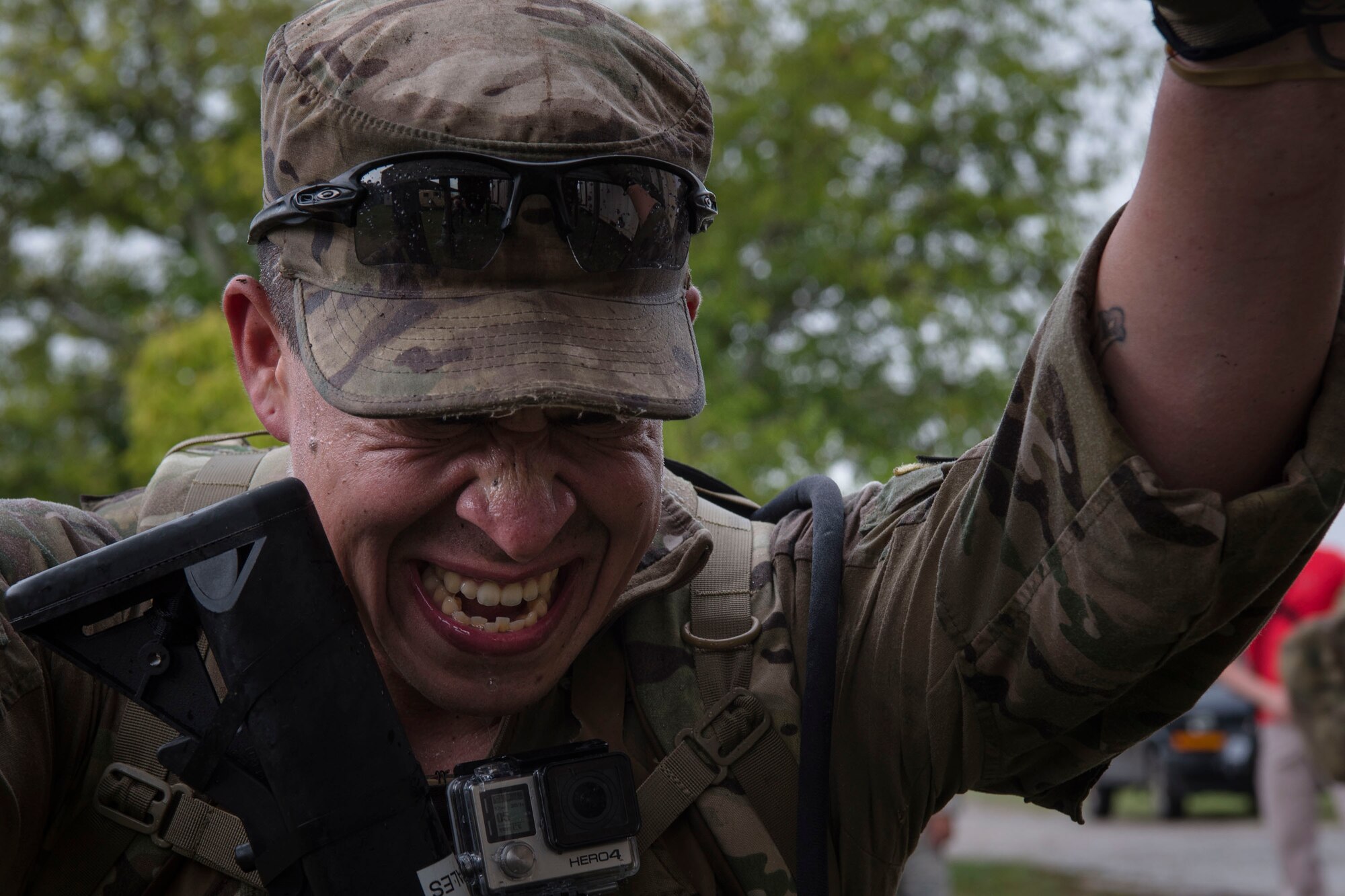 Staff Sgt. Paul Rosales, 55th Security Forces Squadron combat arms instructor, catches his breath during the 2018 Defender Challenge, Sept. 11, at Joint Base San Antonio-Camp Bullis, Texas. Teams representing all twelve Air Force major commands, the Royal Air Force Regiment and German Air Force participated in the friendly competition, which tested their capabilities in dismounted operations, combat endurance and weapons tactics. The Air Combat Command team won second place in the overall competition, combat endurance and weapons challenge. (U.S. Air Force photo by Airman Taryn Butler)