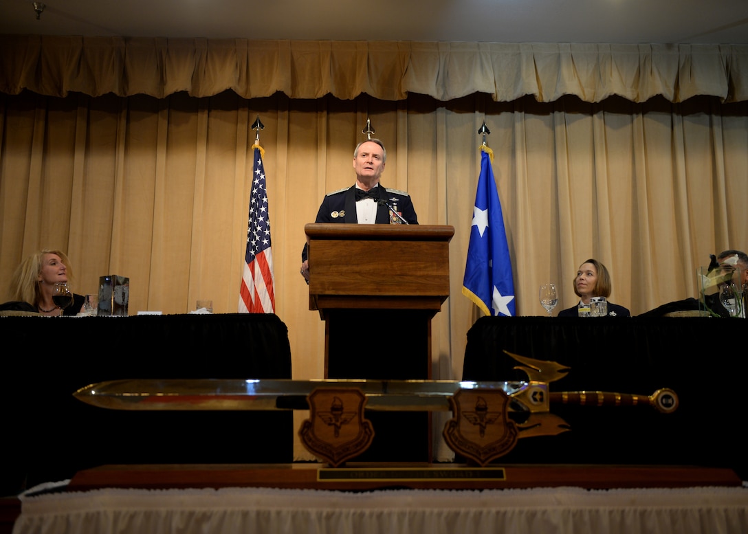 Retired Lt. Gen. Darryl Roberson gives a speech during an Order of the Sword ceremony at Luke Air Force Base, Ariz., Sept. 13, 2018.