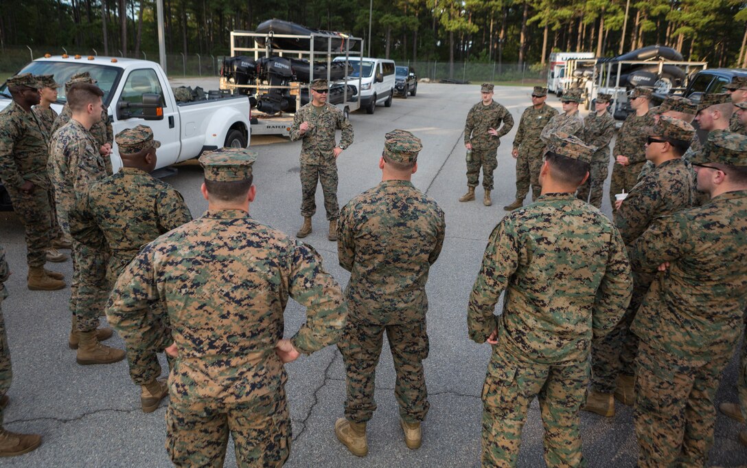 Maj. Andrew C. Kolb, Inspector-Instructor with 3rd Force Reconnaissance Company, 4th Marine Division, addresses 4th MarDiv Marines and Sailors at McCrady Training Center, South Carolina, Sept. 17, 2018. Marine Forces Reserve has a great deal of expertise in the area of response and recovery, gained from Humanitarian Assistance/Disaster Relief across the globe and is part of a coordinated response poised to provide Department of Defense

support to FEMA, state and local response efforts during Hurricane Florence. (U.S. Marine Corps photo by Cpl. Andy O. Martinez)