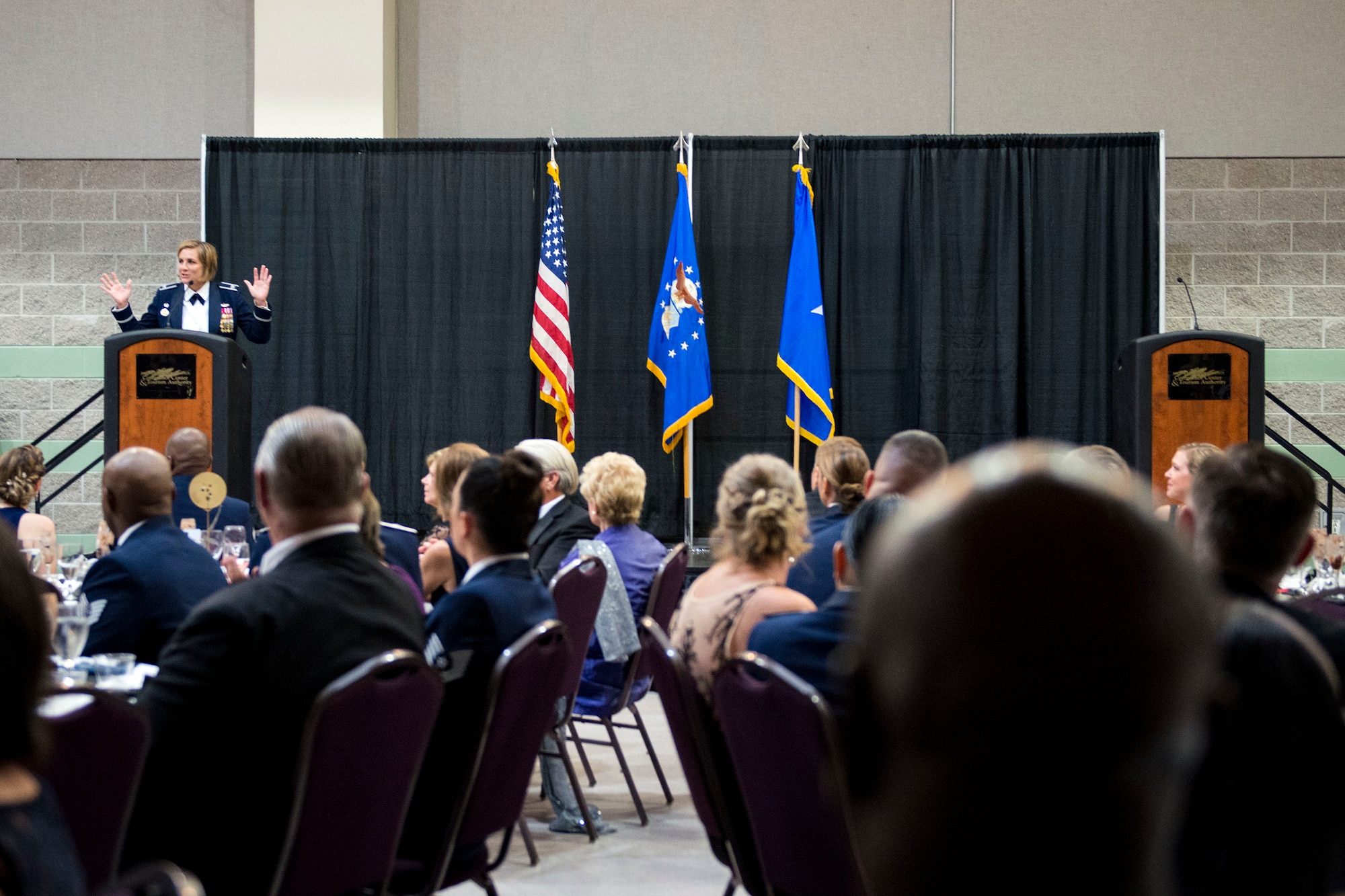 Col. Jennifer Short, 23d Wing commander, gives opening remarks during the Air Force Ball, Sept. 15, 2018, at the James H. Rainwater Conference Center in Valdosta, Ga. Moody’s Air Force Ball was not only a celebration of the Air Force’s 71st Birthday but a way to foster esprit de corps and pride among Airmen through a shared history of exceptional service. (U.S. Air Force photo by Airman 1st Class Erick Requadt)