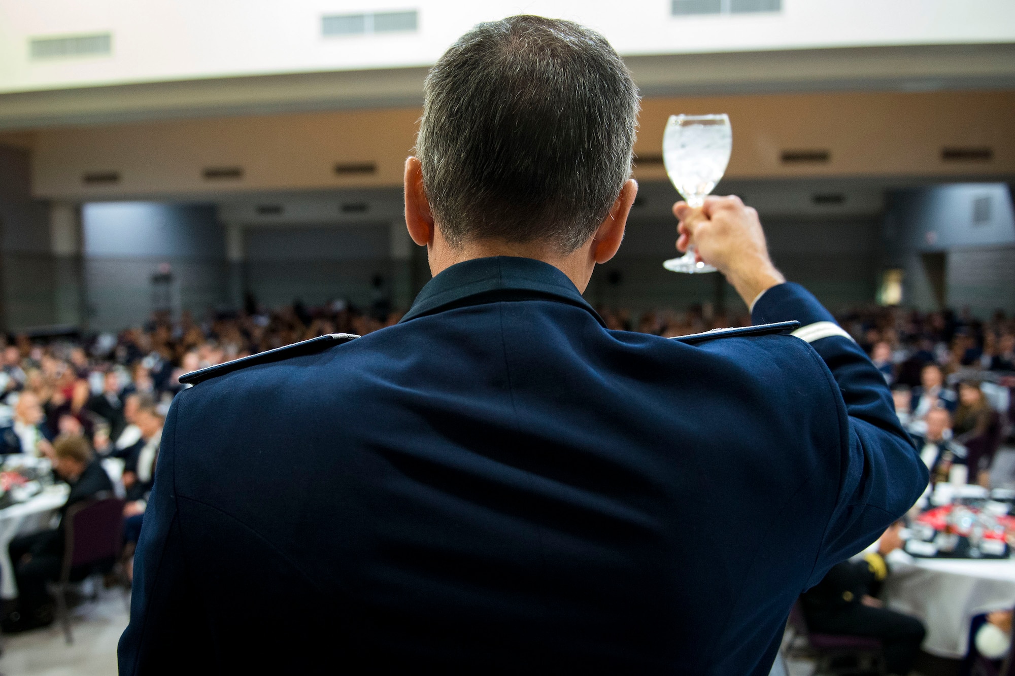 Former 23d Wing commander, retired U.S. Air Force Brig. Gen. Billy Thompson, gives the ceremonial toast to commemorate the Air Force’s 71st Birthday during the Air Force Ball, Sept. 15, 2018, at the James H. Rainwater Conference Center in Valdosta, Ga. Moody’s Air Force Ball was not only a celebration of the Air Force’s 71st Birthday but a way to foster esprit de corps and pride among Airmen through a shared history of exceptional service. (U.S. Air Force photo by Airman 1st Class Erick Requadt)