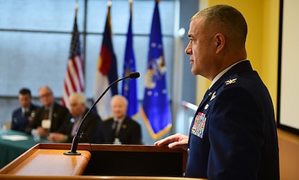 Col. Floyd Dunstan, 140th Wing commander, of the Colorado Air National Guard, communicates with Arapahoe County citizens during a Readiness and Environmental Protection Integration program celebration March 9, 2016, at the Arapahoe Center Point Plaza in Aurora, Colo. The Compatible Use Buffer Project protected Buckley Air Force Base from mission degradation by protecting boundaries and ownership of clear zones. (U.S. Air Force photo by Senior Airman Racheal E. Watson/Released)