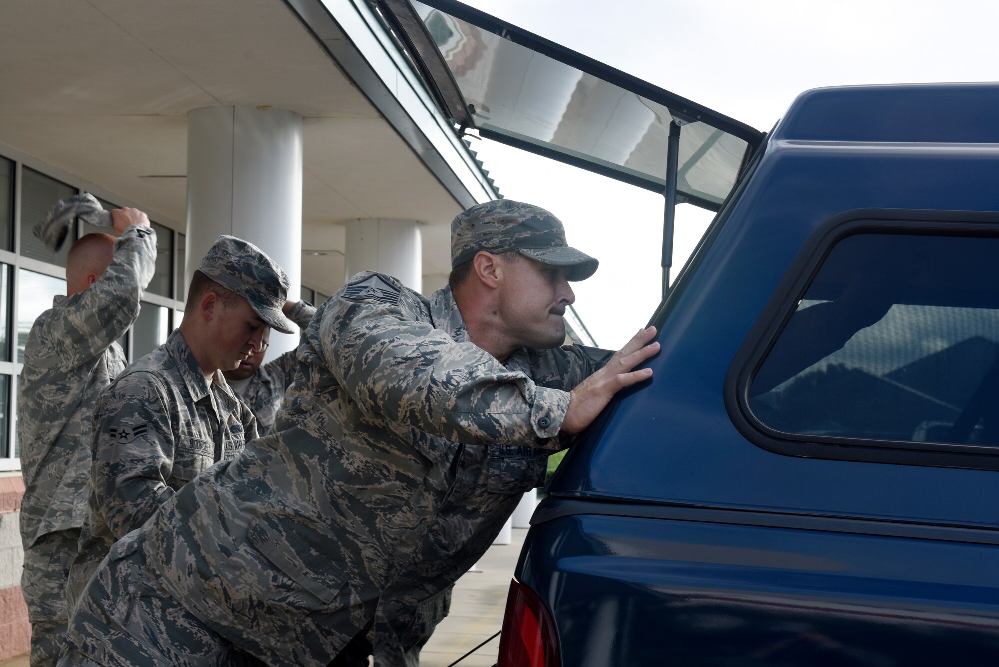 U.S. Air Force Master Sgt. Michael Shepard, 145th Logistics Readiness Squadron (LRS), loads a truck with gear for an 11-person team ready to assist in Hurricane Florence Relief efforts at the North Carolina (N.C.) Air National Guard Base, Charlotte Douglas International Airport, Sept.17, 2018.  The 11-person team will create and move pallets filled with supplies like food and water in a Kinston, N.C. airport.