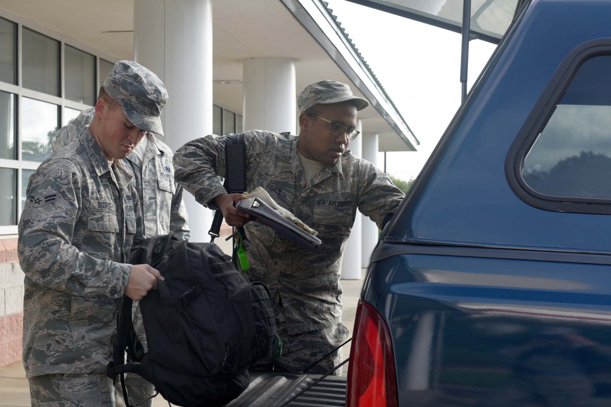 North Carolina Air National Guardsmen assigned to the 145th Logistics Readiness Squadron (LRS), load a truck with gear for an 11-person team ready to take party in Hurricane Florence Relief efforts at the North Carolina (N.C.) Air National Guard Base, Charlotte Douglas International Airport, Sept.17, 2018.  The 11-person team will create and move pallets filled with supplies like food and water in a Kinston, N.C. airport.