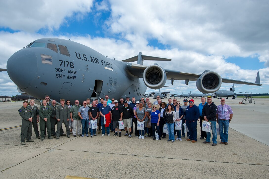 Reserve Citizen Airmen from the 732nd Airlift Squadron, 514th Air Mobility Wing, and 514th AMW employers return from a local flight  in a C-17 Globemaster III during the 514th’s Employer Appreciation Day at Joint Base McGuire-Dix-Lakehurst, N.J., Sept. 15, 2018. The event was designed to show the employers what their employees do when they are serving with the 514th. The 514th is an Air Force Reserve Command Unit. (U.S. Air Force photo by SrA. Ruben Rios)