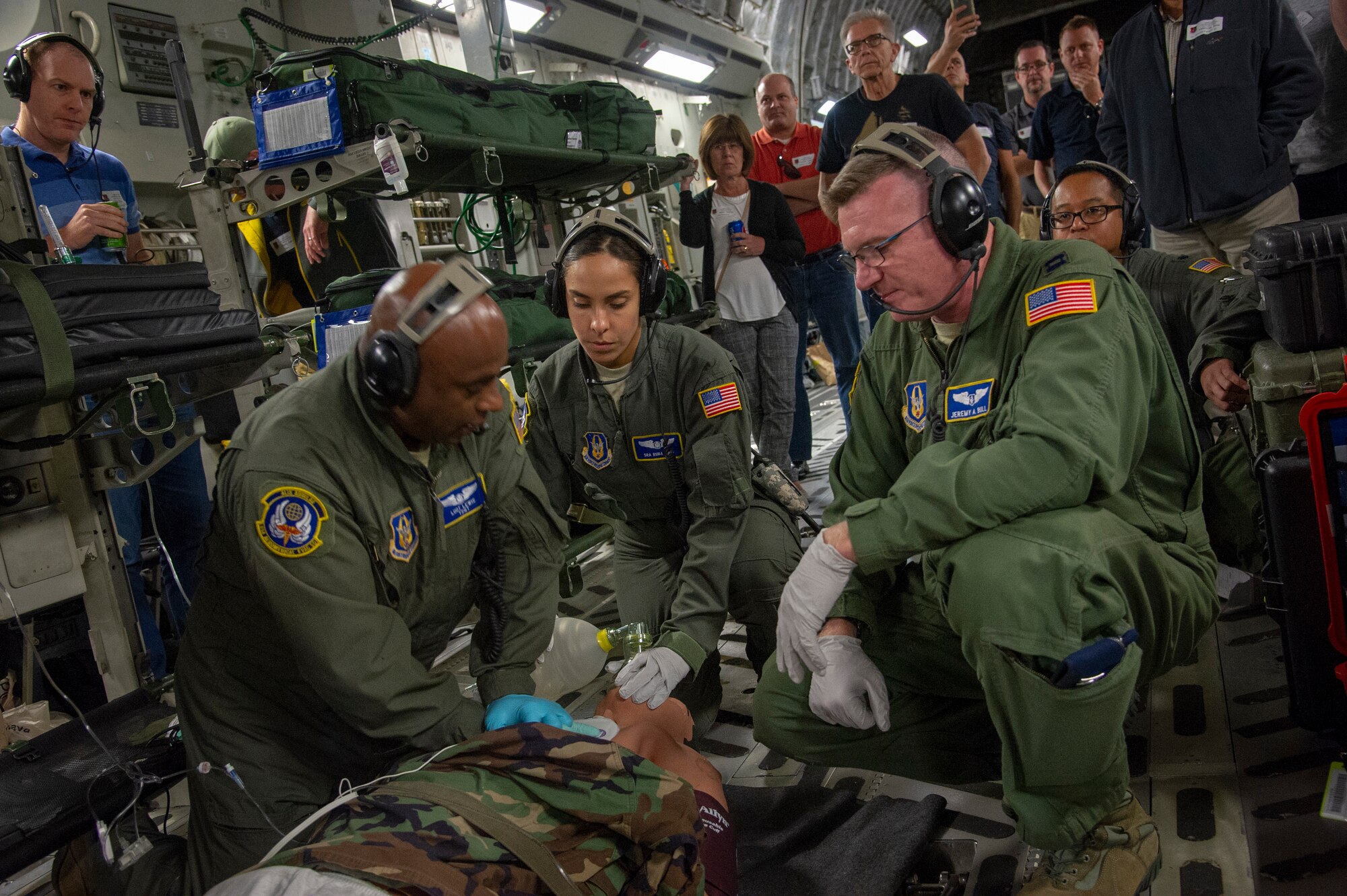 Reserve Citizen Airmen from the 514th Aeromedical Evacuation Squadron, 514th Air Mobility Wing, give a demonstration during the 514th’s Employer Appreciation Day at Joint Base McGuire-Dix-Lakehurst, N.J., Sept. 15, 2018. The event, which included flying in a C-17 Globemaster III, was designed to show the employers what their employees do when they are serving with the 514th AMW. The 514th is an Air Force Reserve Command Unit. (U.S. Air Force photo by 1st Lt. Emily Rautenberg)