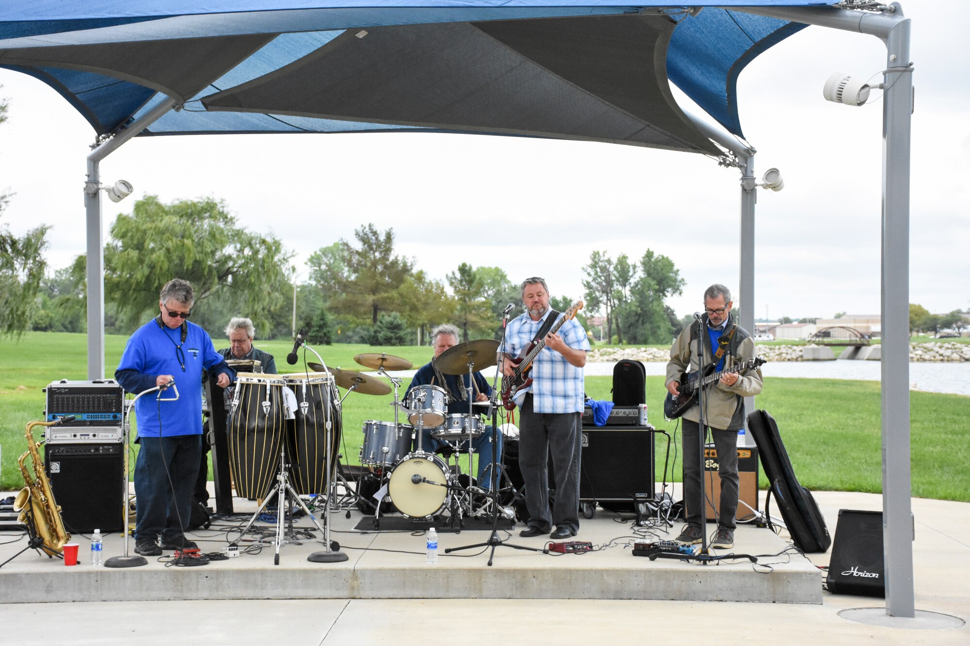 A funk band plays live music during the 442d Fighter Wing Family Day Sept. 9, 2018, at Ike Skelton Park on Whiteman Air Force Base, Mo.