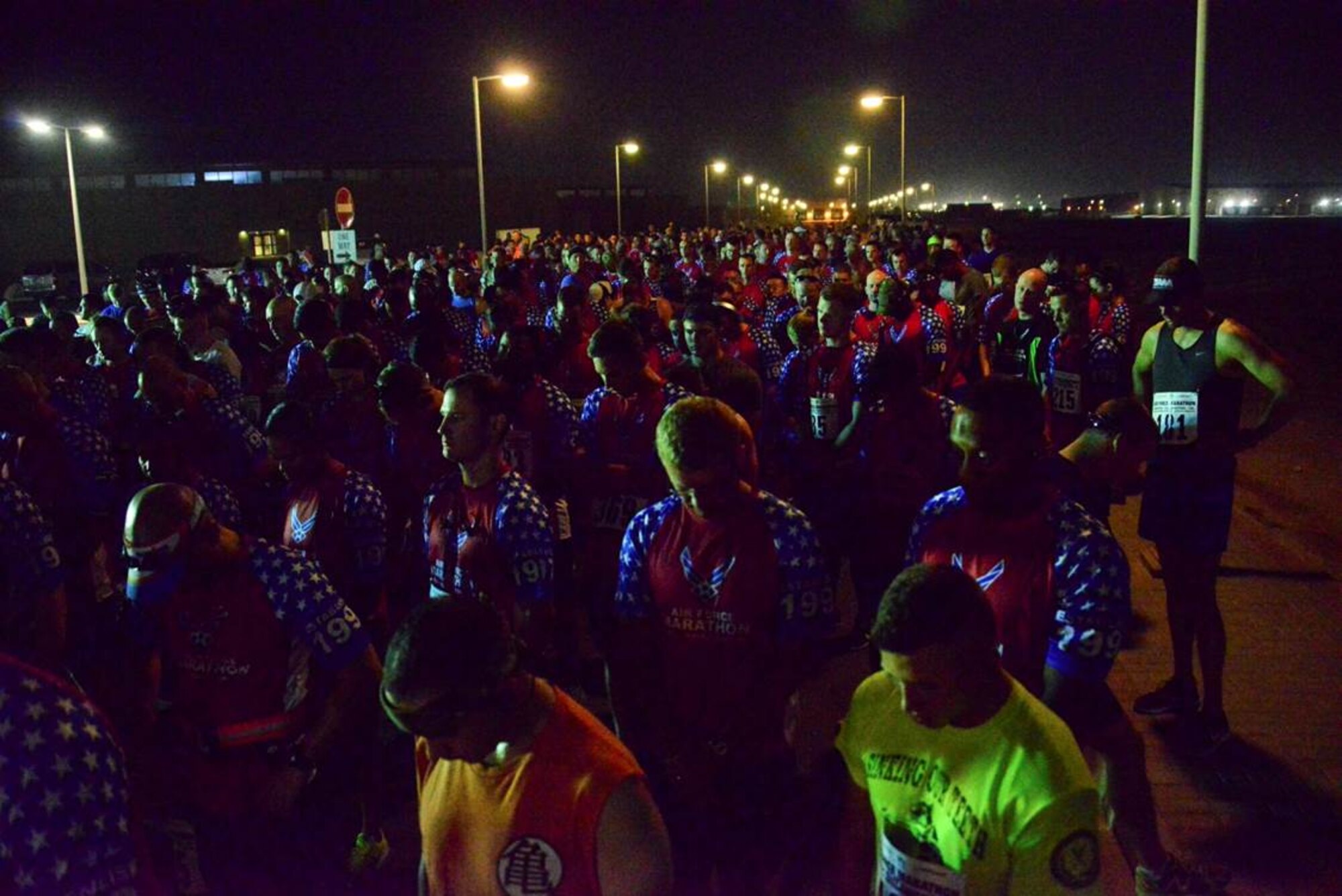 Runners prepare for the start of the 2016 U.S. Air Force Marathon at Al Udeid Air Base in Doha, Qatar. Nearly 2,000 deployed Airmen participate in the marathon annually. (Courtesy photo)