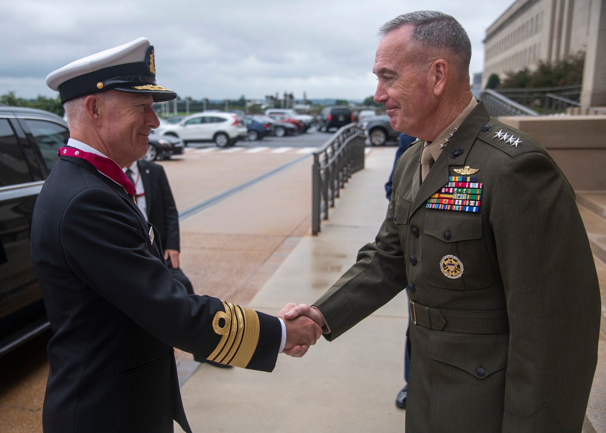 Marine Corps Gen. Joe Dunford, chairman of the Joint Chiefs of Staff, greets his counterpart Admiral Haakon Bruun-Hanssen, Norwegian chief of defense for a counterpart visit at the Pentagon,  Sept. 18, 2018.