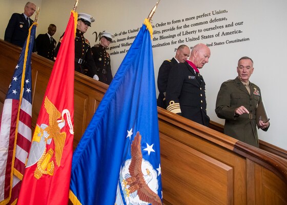 Marine Corps Gen. Joe Dunford, chairman of the Joint Chiefs of Staff, hosts his counterpart Adm. Haakon Bruun-Hanssen, Norwegian chief of defense for a counterpart visit at the Pentagon, Sept. 18, 2018.