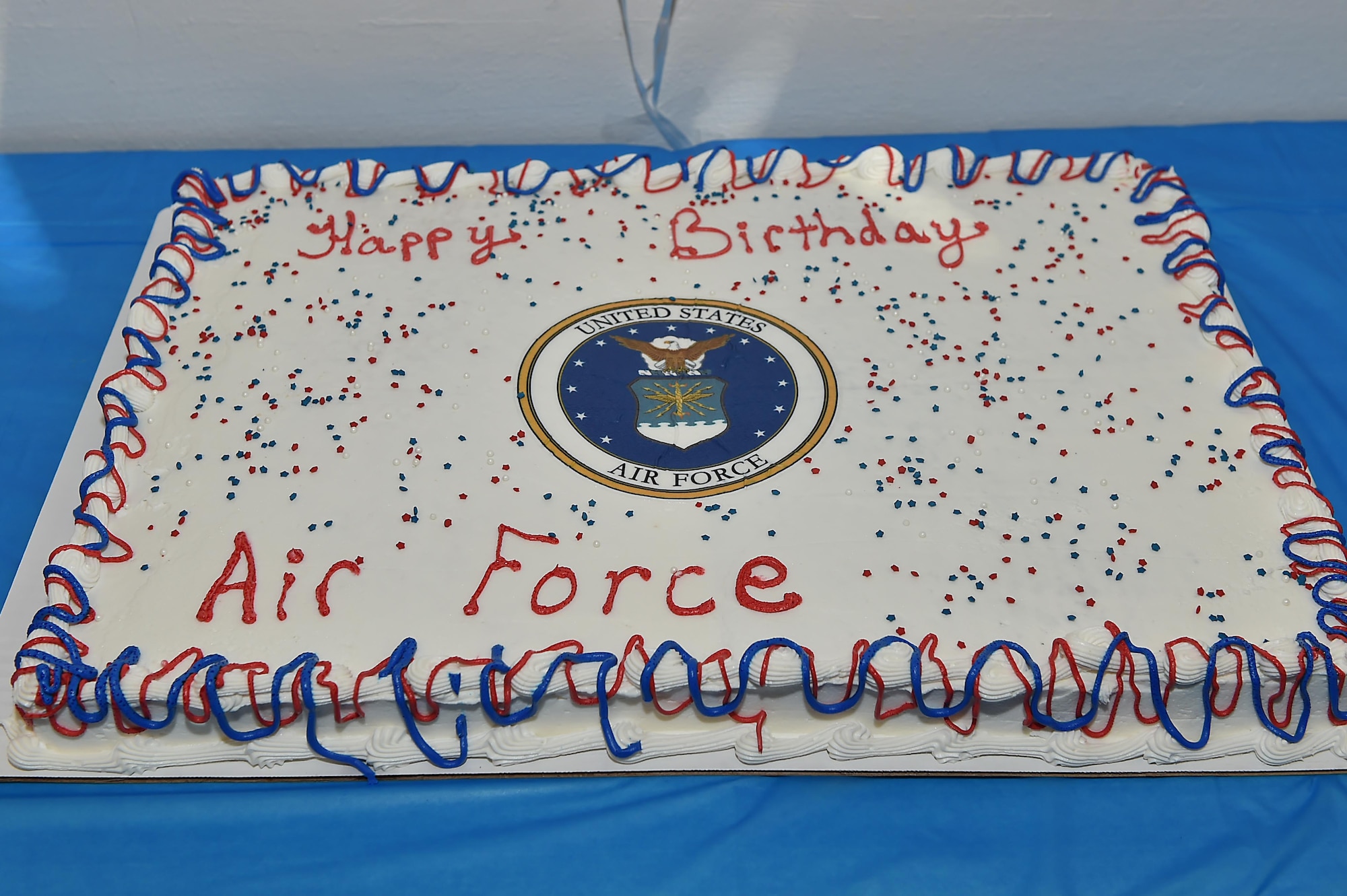The cake celebrating the U.S. Air Force’s 71st birthday sits on a table inside Hangar 97, Sept. 18, 2018, at Altus Air Force Base, Okla. The members of the 97th Air Mobility Wing had a celebration to honor the formation of the service 71 years ago.