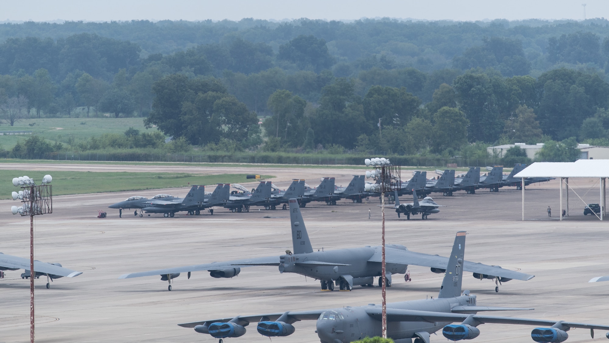 F-15E Striker Eagles, from Seymour Johnson Air Force Base, North Carolina, arrives on the flight line at Barksdale Air Force Base, La., Sept. 12, 2018. The aircraft evacuated to Barksdale as a proactive measure to prevent possible damage from Hurricane Florence. (U.S. Air Force photo by Airman 1st Class Lillian Miller)