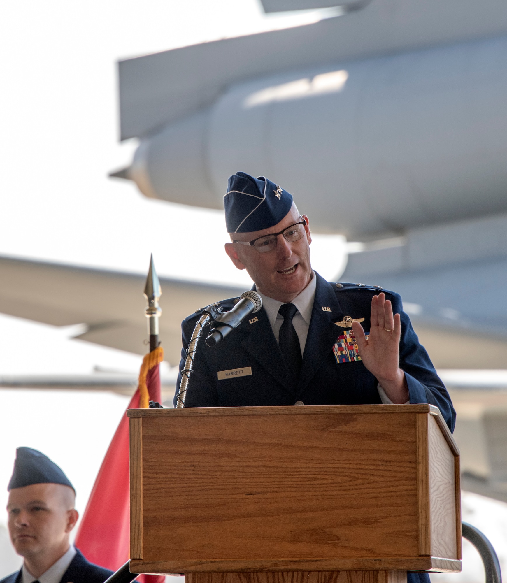 Maj. Gen. Sam Barrett, 18th Air Force commander, presides over the 60th Air Mobility Wing assumption of command ceremony at Travis Air Force Base, Calif., Sept. 18, 2018. During the ceremony, Col. Jeff Nelson, assumed command of Air Mobility Command’s largest wing. (U.S. Air Force photo by Heide Couch)