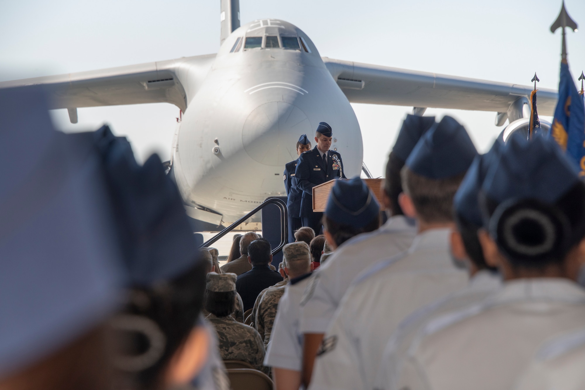 Col. Jeff Nelson, 60th Air Mobility Wing commander, provides remarks during an assumption of command ceremony at Travis Air Force Base, Calif., Sept. 18, 2018. During the ceremony, Nelson assumed command of Air Mobility Command’s largest wing. (U.S. Air Force photo by Heide Couch)