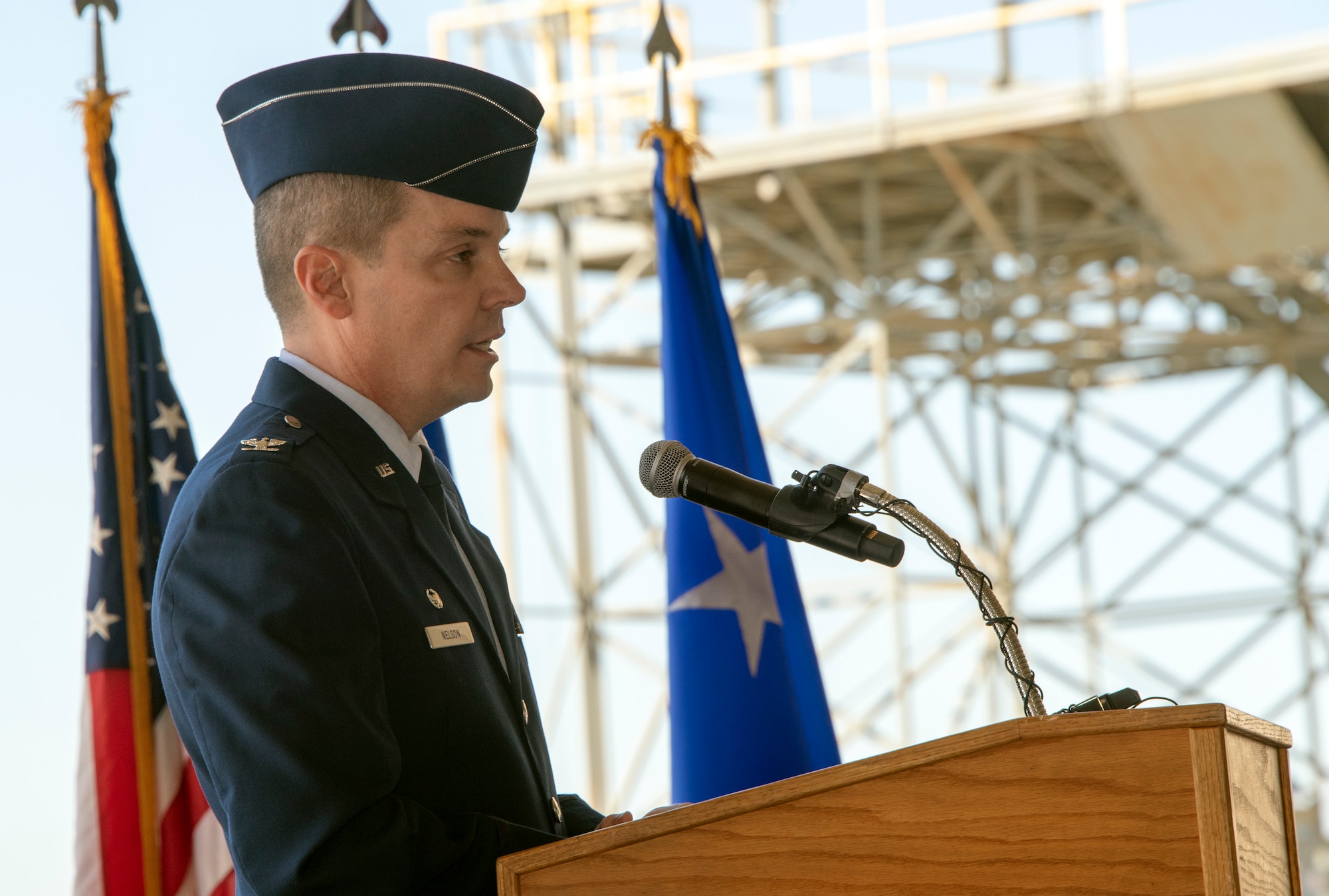 Col. Jeff Nelson, 60th Air Mobility Wing commander, provides remarks during an assumption of command ceremony at Travis Air Force Base, Calif., Sept. 18, 2018. Nelson assumed command of Air Mobility Command’s largest wing. (U.S. Air Force photo by Heide Couch)