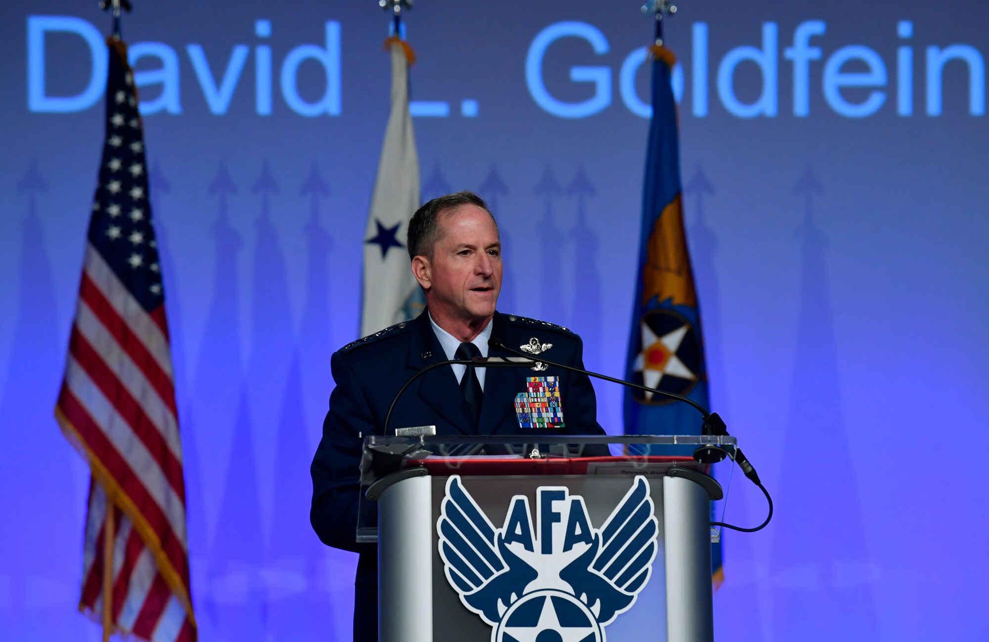 Air Force Chief of Staff Gen. David L. Goldfein, delivers his Air Force Update speech during the Air Force Association Air, Space and Cyber Conference in National Harbor, Md., Sept. 18, 2018. During his remarks, Goldfein highlighted his vision for the future of multi-domain operations. (U.S. Air Force photo by Wayne Clark)