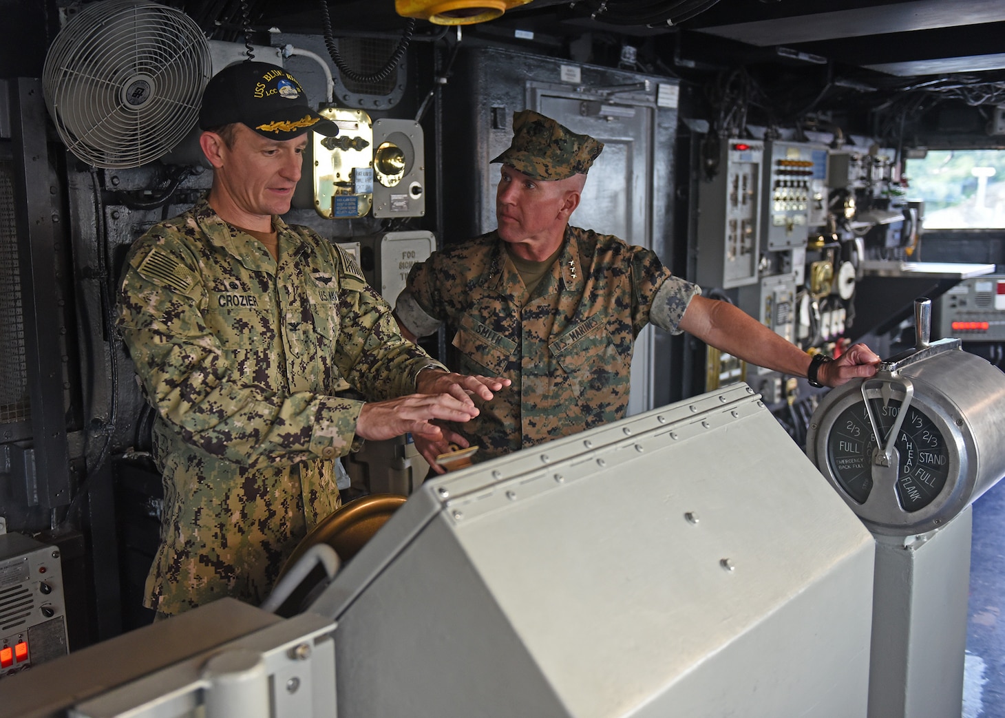 YOKOSUKA, Japan (Sept. 18, 2018) Lt. Gen. Eric M. Smith, Commanding General, III Marine Expeditionary Force, tours 7th Fleet Flagship USS Blue Ridge (LCC 19) while the ship is moored at Fleet Activities Yokosuka, Sep. 18. Lt. Gen. Eric M. Smith, who took command in August, met with USS Blue Ridge commanding officer, Capt. Brett E. Crozier, to gain a better understanding of fleet operations and build relationships with senior leadership.