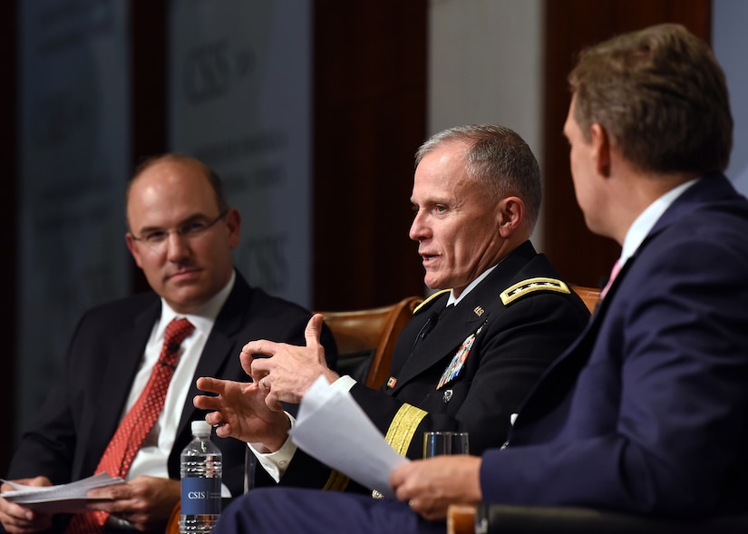 DIA Director Lt. Gen Robert P. Ashley addresses the moderators of the CSIS event, Dr. Seth Jones, Harold Brown Chair and director of the CSIS Transnational Threat Project, and Juan Zarate, chairman of the Financial Integrity Network and CSIS senior advisor, in Washington, D.C., September 17, 2018