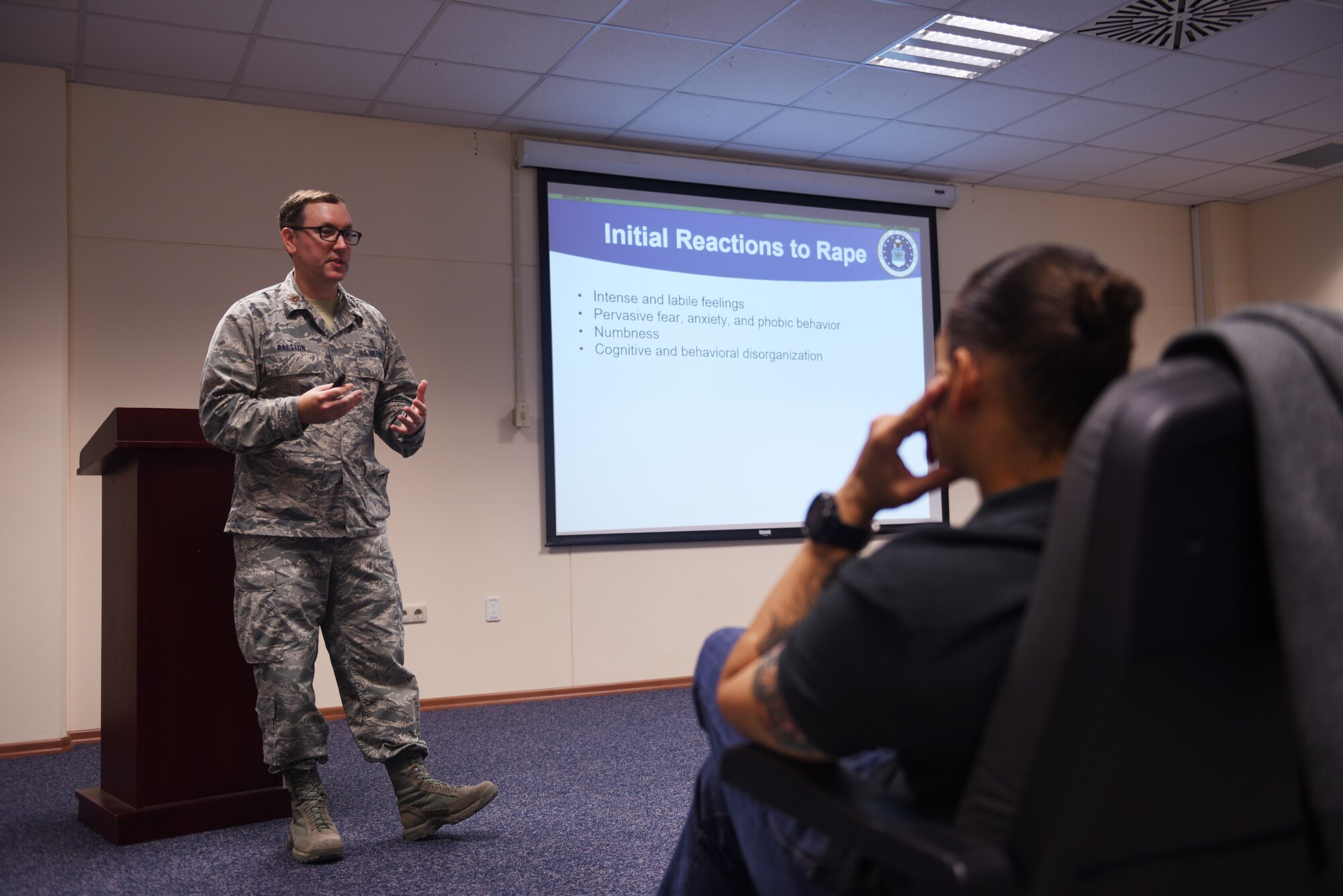 U.S. Air Force Capt. Nathanael Okhuysen, 39th Air Base Wing assistant staff judge advocate, briefs the 39th Security Forces Squadron members at Incirlik Air Base, Turkey, Sep. 4 2018.
