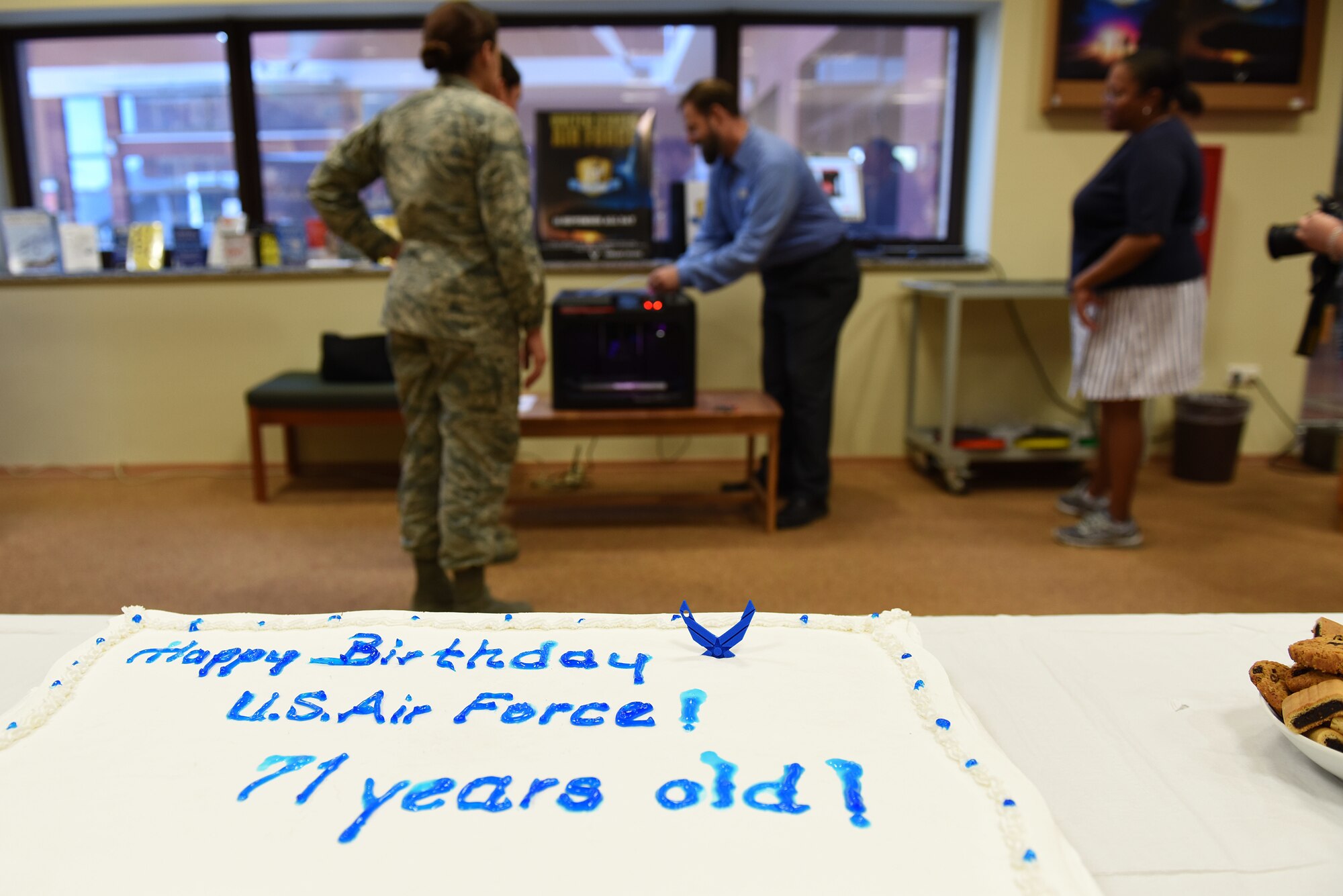 Thomas Lynch, 39th Force Support Squadron supervisory librarian, demonstrates how to use a MakerBot Replicator 3-D printer at Incirlik Air Base, Turkey, Sept. 18, 2018.