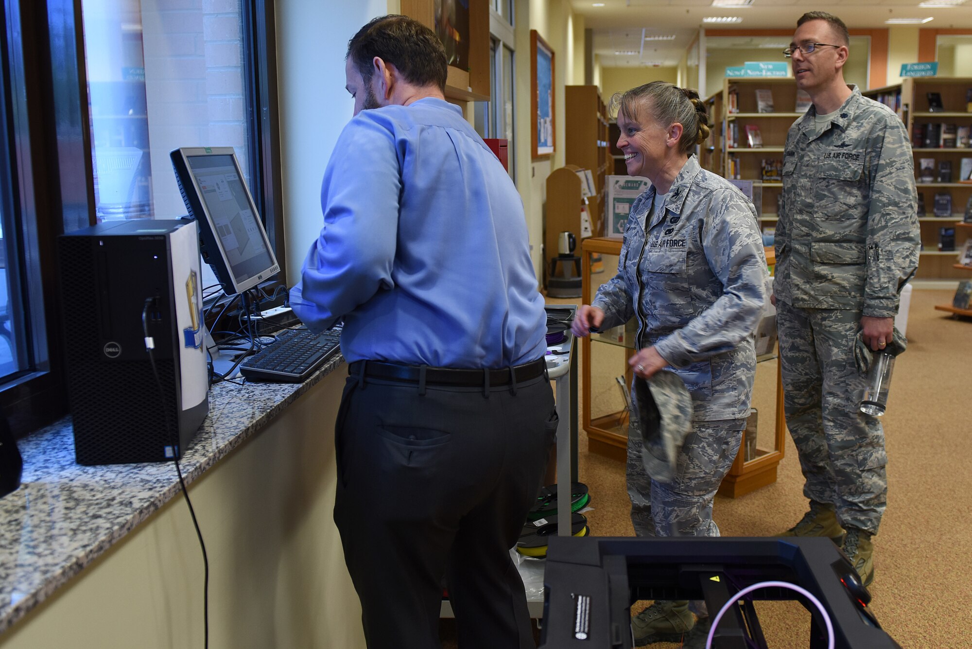 U.S. Air Force service members receive a demonstration of how a MakerBot Replicator 3-D printer, located in the Library, works at Incirlik Air Base, Turkey, Sept. 18, 2018.