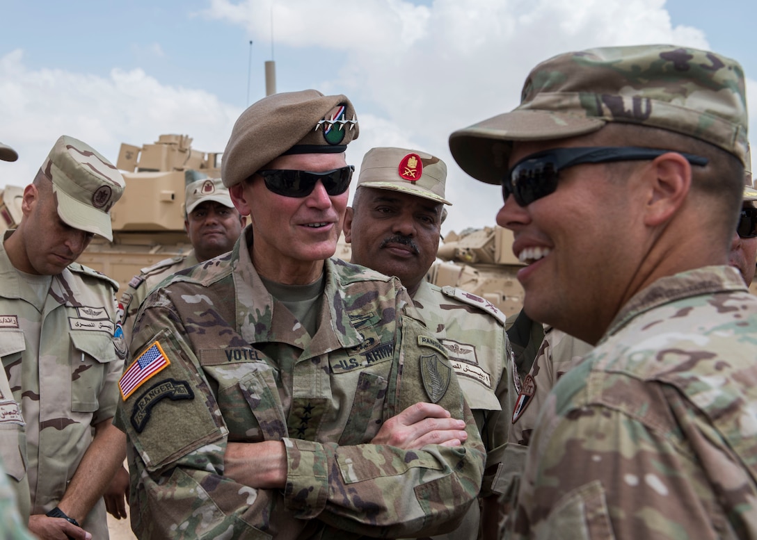 General Joseph Votel, CENTCOM Commander, and Egyptian senior leaders visit the Bright Star 2018 Logistics Staging Area. The purpose of Bright Star 2018 is to promote and enhance regional security and cooperation. (U.S. Air Force photo by SrA Amanda Stanford)
