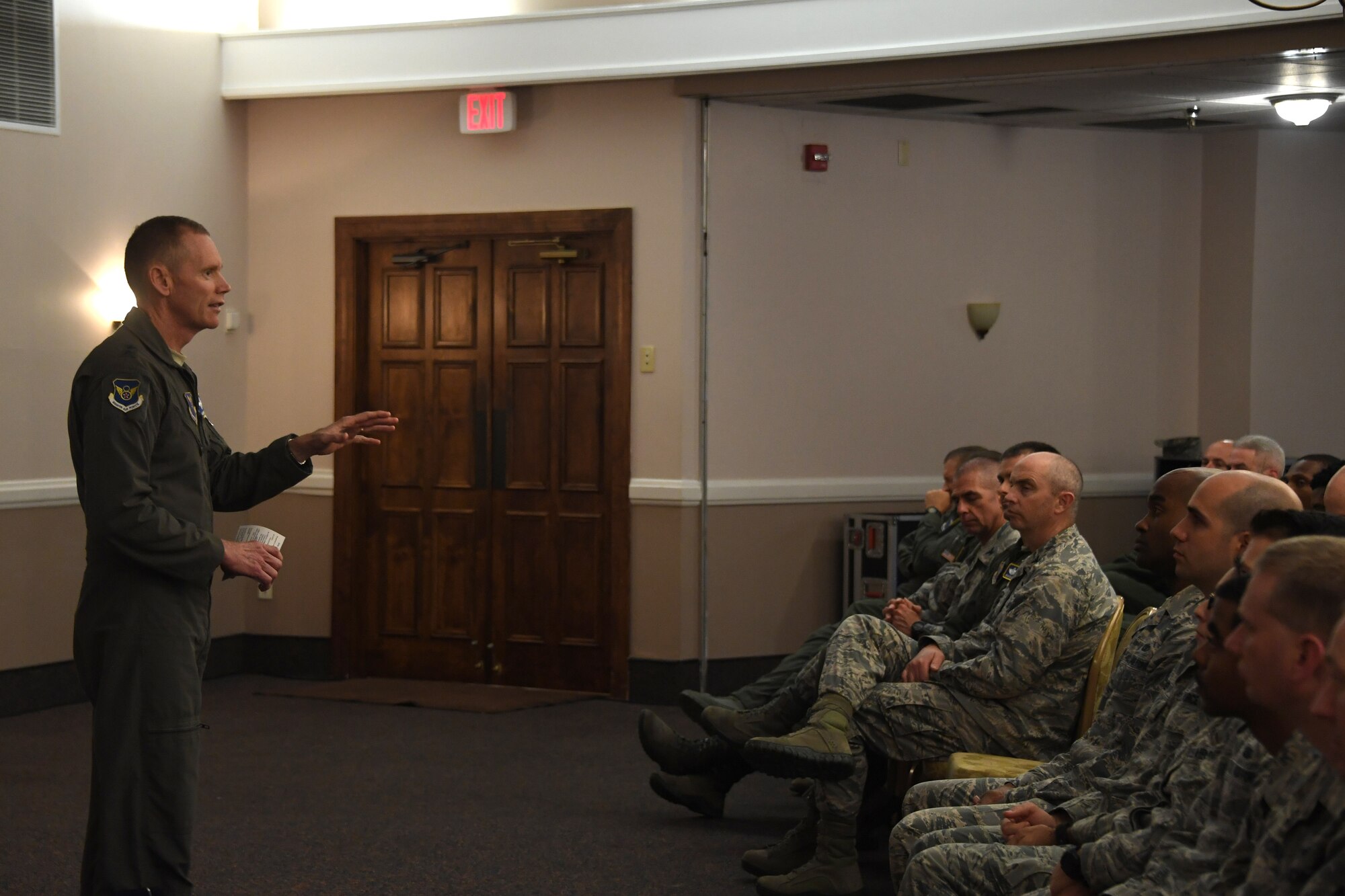 U.S. Air Force Maj. Gen. James Dawkins Jr., 8th Air Force and Joint-Global Strike Operations Center commander, speaks during his first commander’s call as the new commander. Dawkins touched on several topics such as warfighting culture, J-GSOC and resiliency. (U.S. Air Force Photo by Senior Airman Luke Hill)