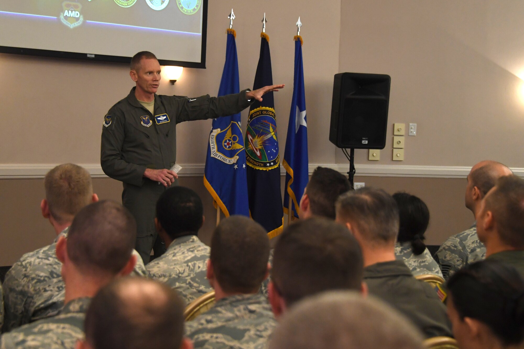 U.S. Air Force Maj. Gen. James Dawkins Jr., 8th Air Force and Joint-Global Strike Operations Center commander, speaks during his first commander’s call as the new commander. Dawkins touched on several topics such as warfighting culture, J-GSOC and resiliency. (U.S. Air Force Photo by Senior Airman Luke Hill)